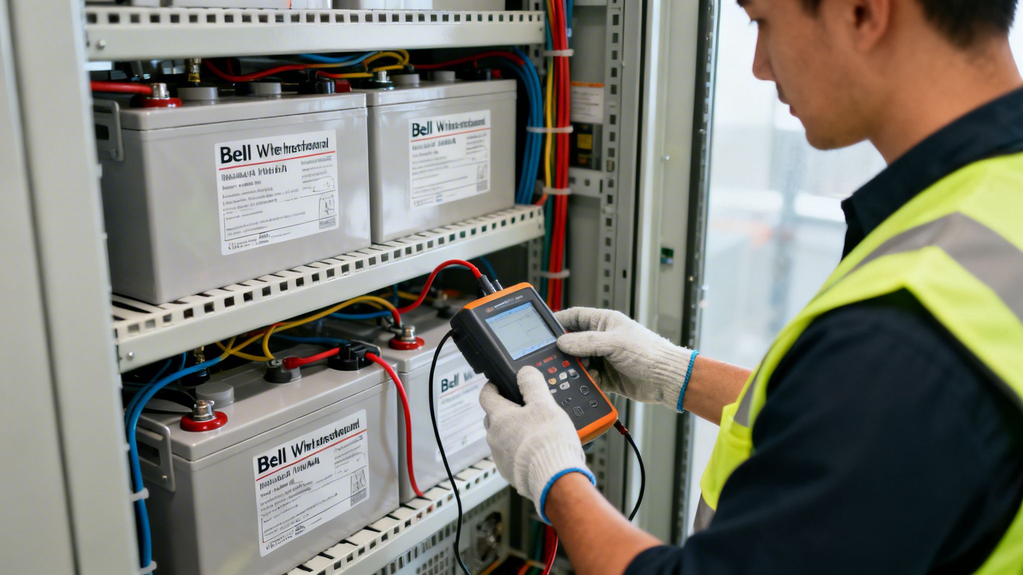 Technician in gloves and safety vest testing Bell batteries in a power system rack.