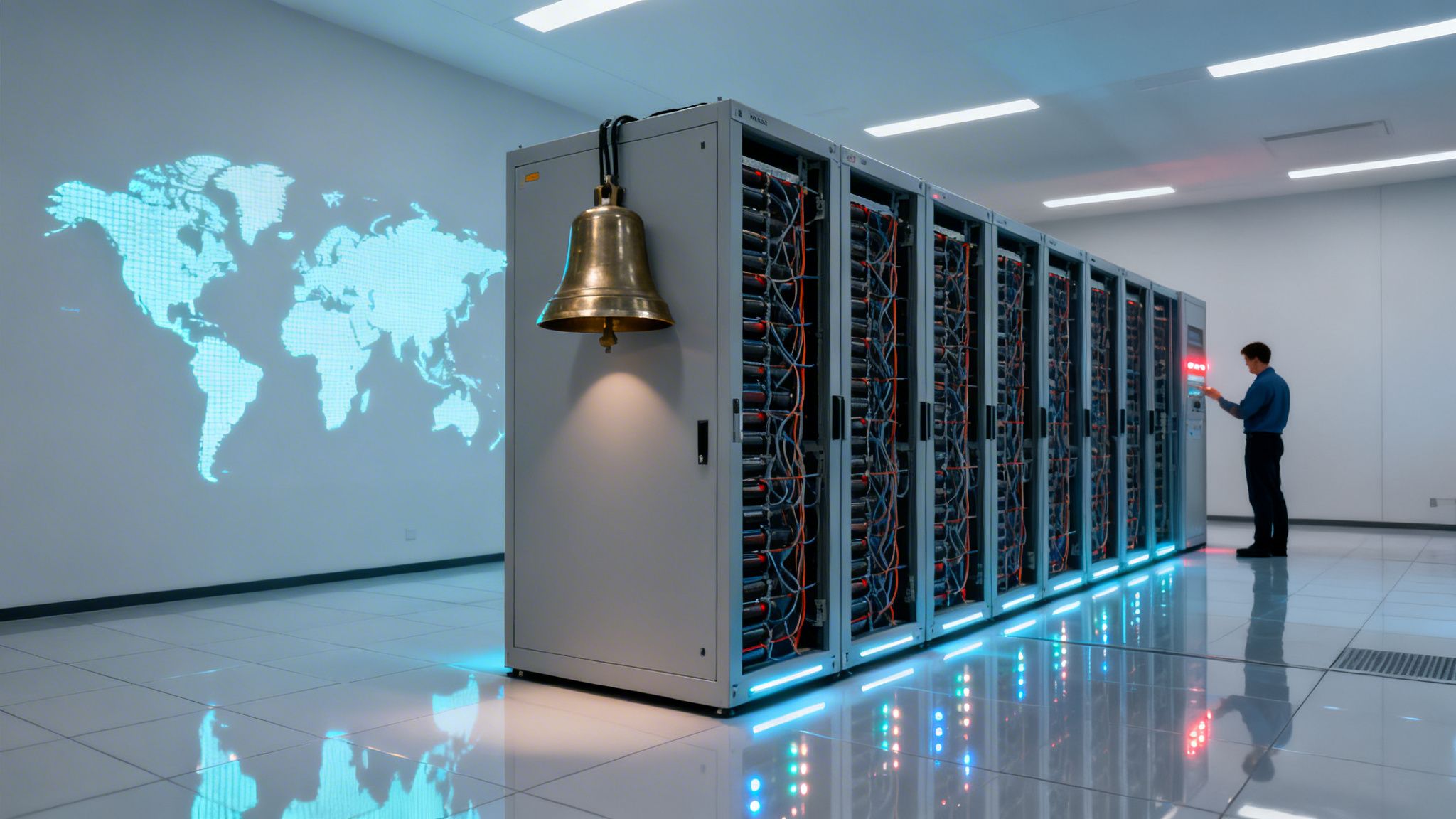 A data center with rows of server racks, a hanging brass bell, a world map projection, and a technician.