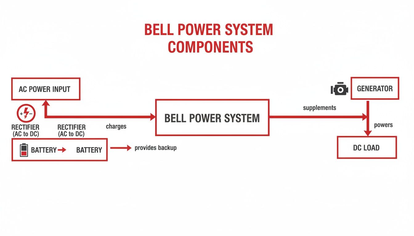 A block diagram of the Bell Power System showing AC power input, rectifiers, batteries, generator, and DC load.