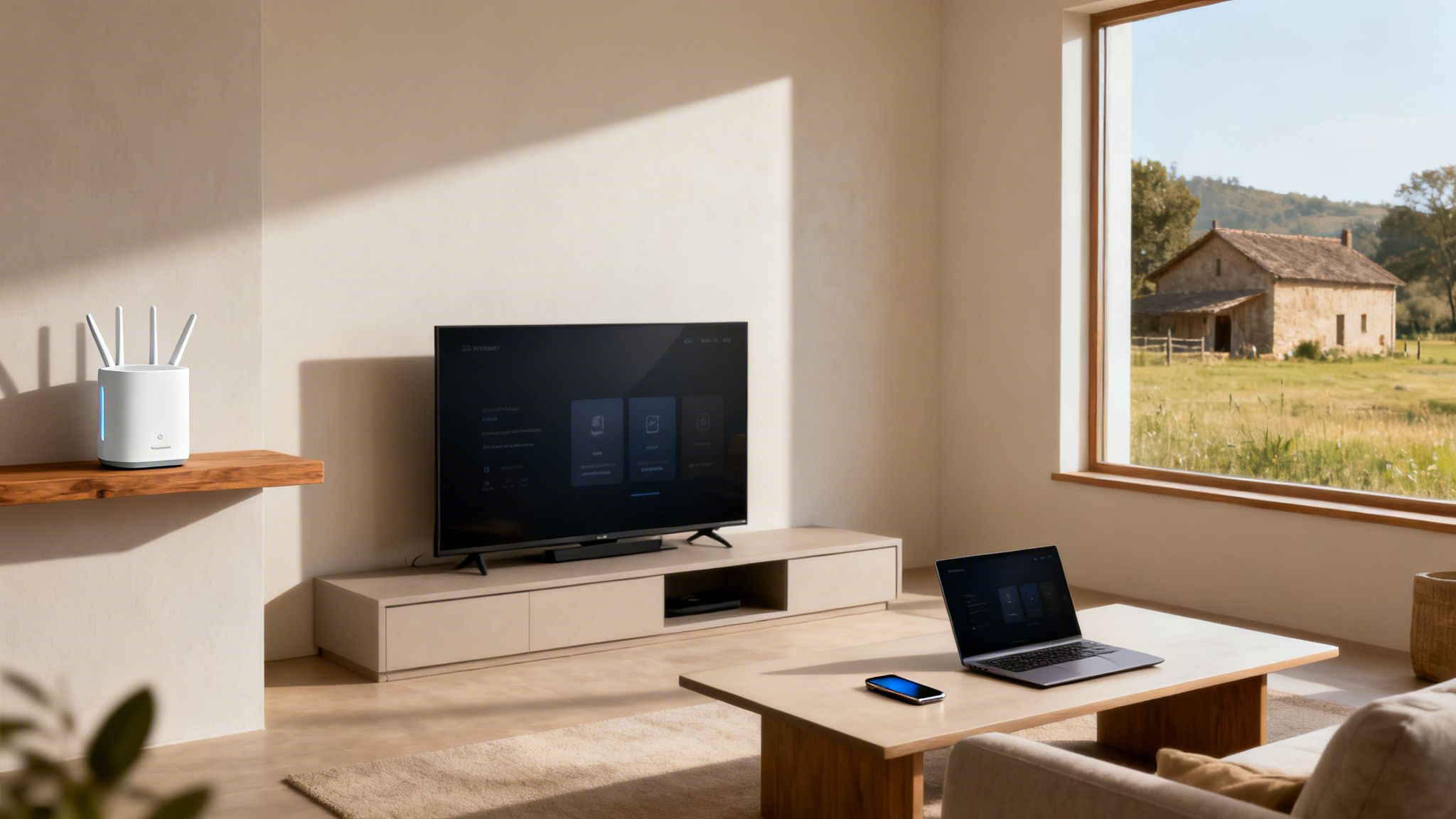 A modern living room with smart TV, laptop, Wi-Fi router, and a rural house view.
