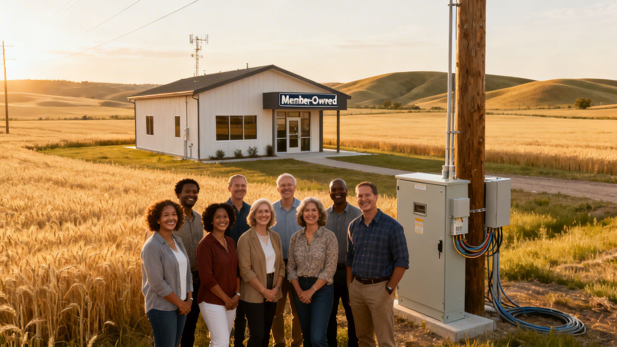Smiling diverse group of professionals posing in a wheat field with a 'Member-Owned' building at sunset.