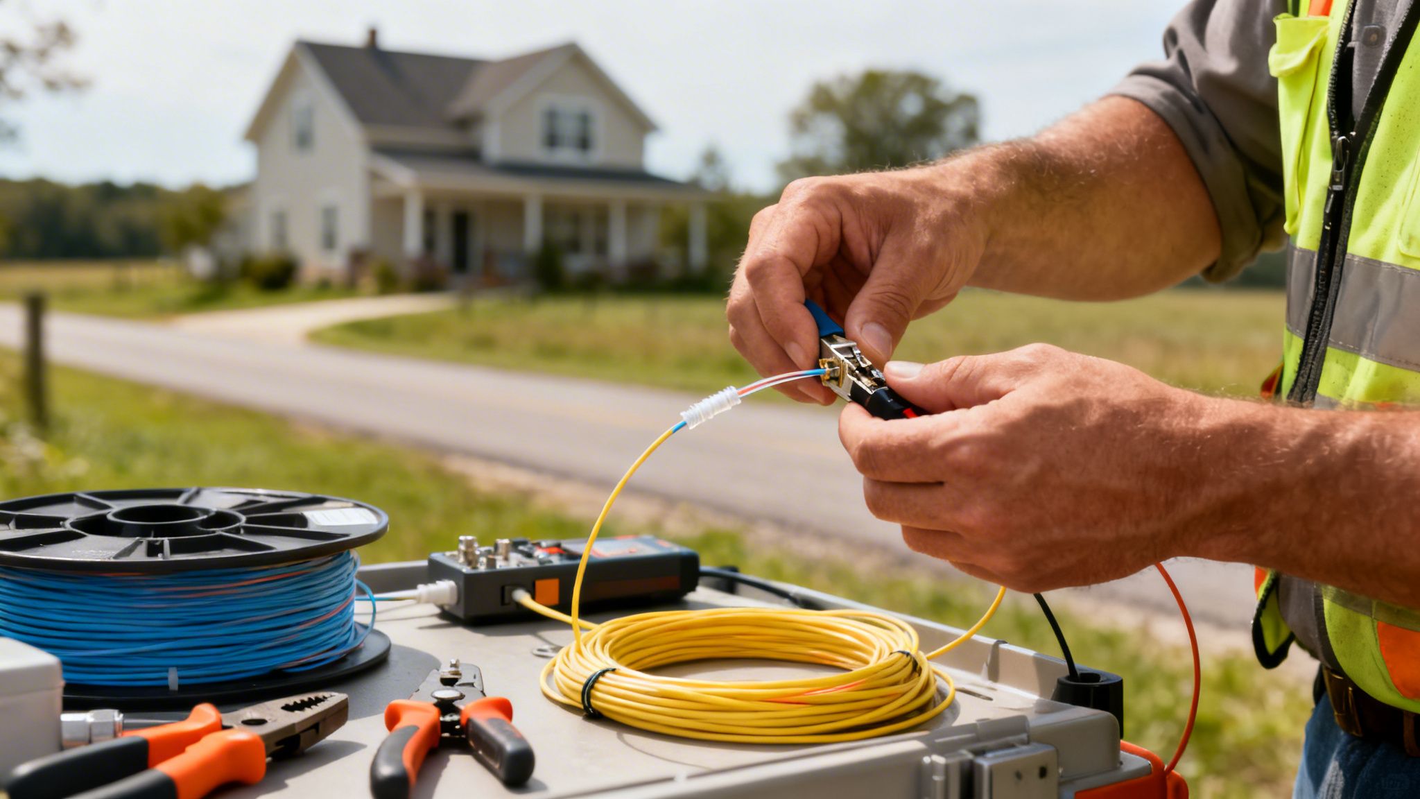 Technician connects fiber optic cables for rural internet service, with tools on a table outdoors.