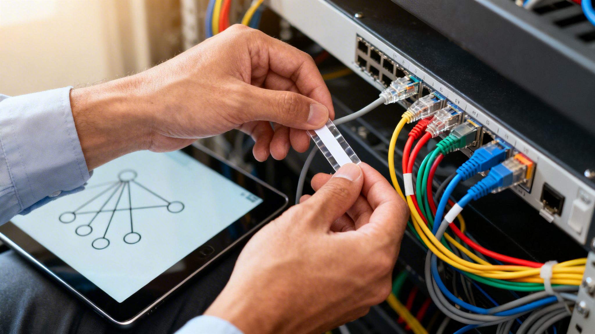 Technician labeling colorful network cables in a server rack with a tablet showing a network diagram.