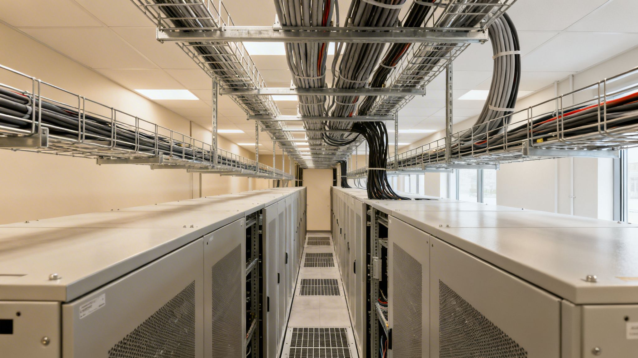 Inside a well-organized data center, showing rows of server racks and extensive overhead cable management.
