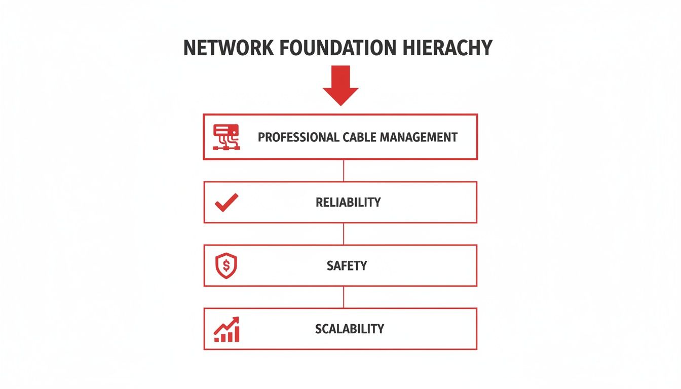 A hierarchy chart showing professional cable management as the foundation for network reliability, safety, and scalability.