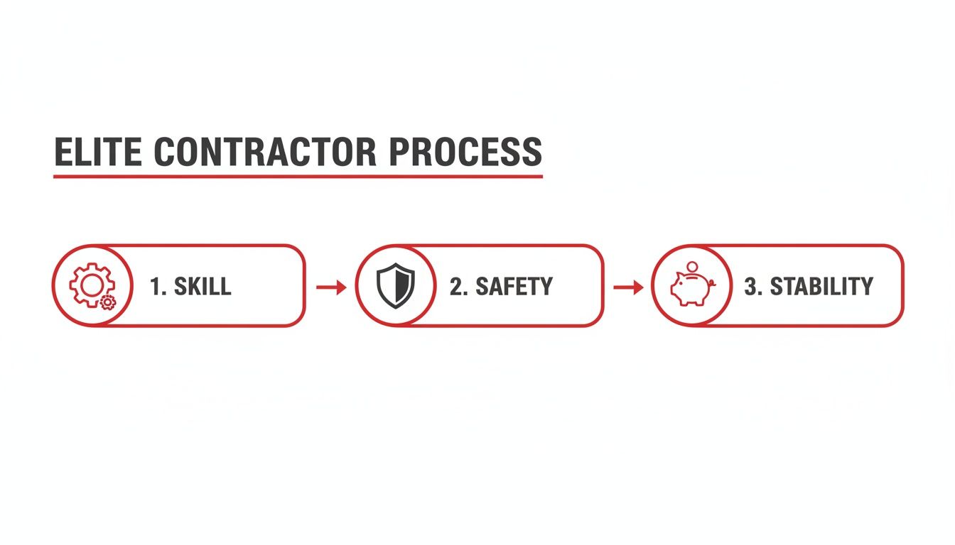 A three-step process for elite contractors: skill, safety, and financial stability, illustrated with icons.