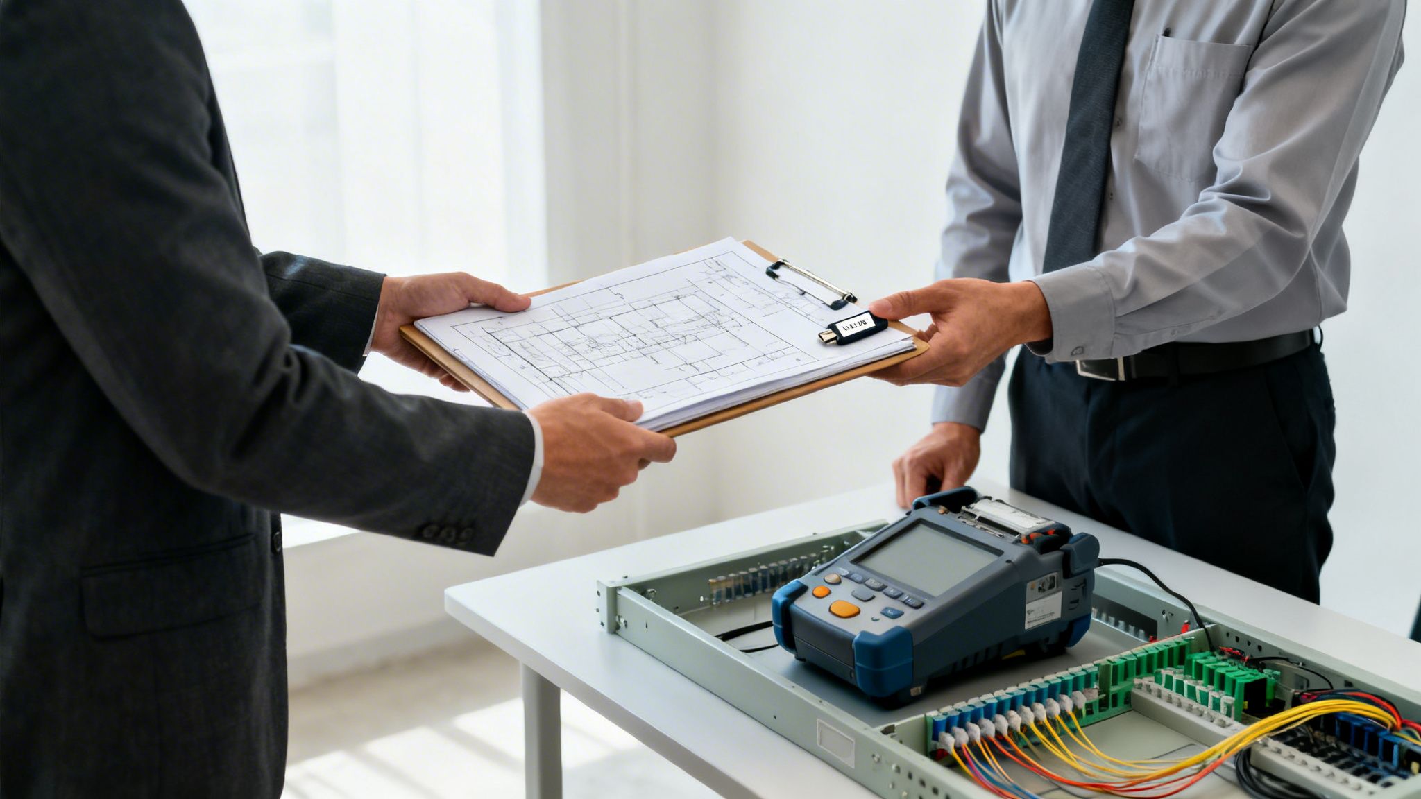 Two professionals exchanging construction blueprints and a USB drive over a table with electronic equipment.