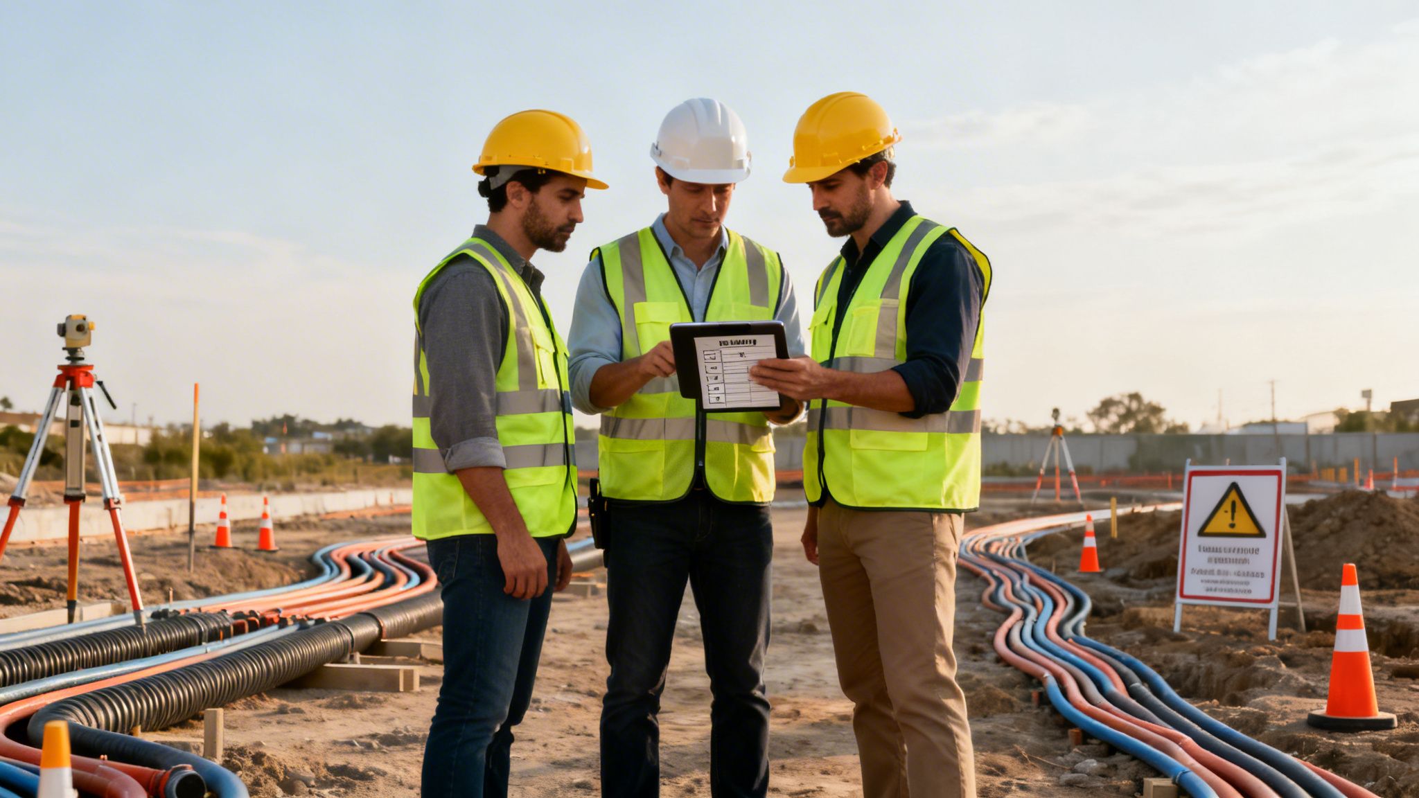 Three construction workers in hard hats and vests discuss plans on a tablet at a construction site with exposed pipes.