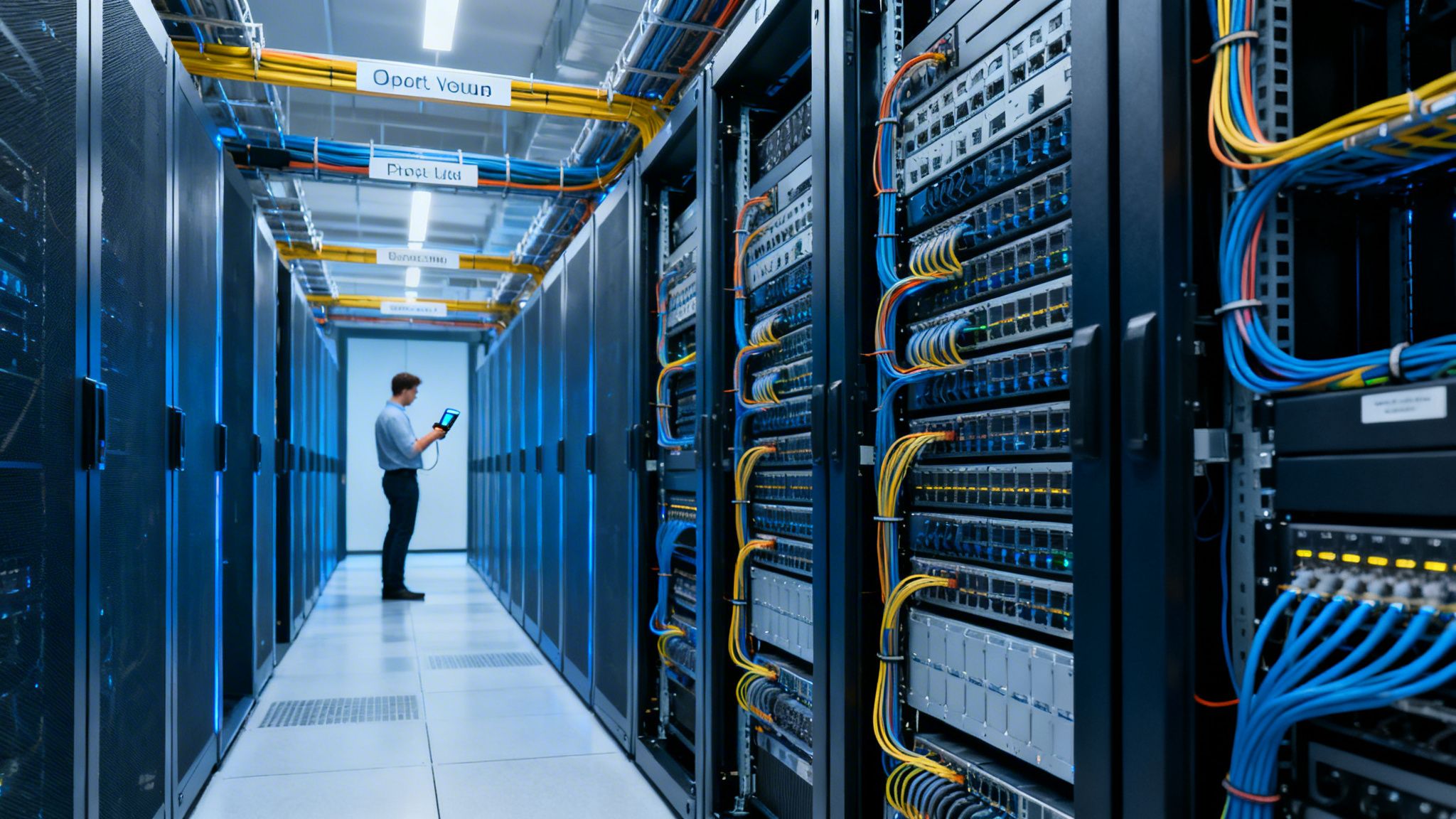 IT engineer in a modern data center monitoring server racks with a tablet device.