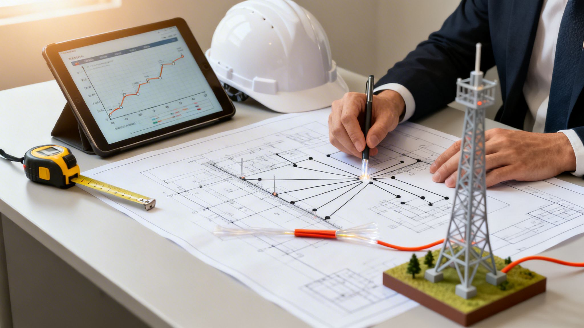 An engineer designs a computer network, marking blueprints with a pen, surrounded by a tablet, hard hat, and tower model.