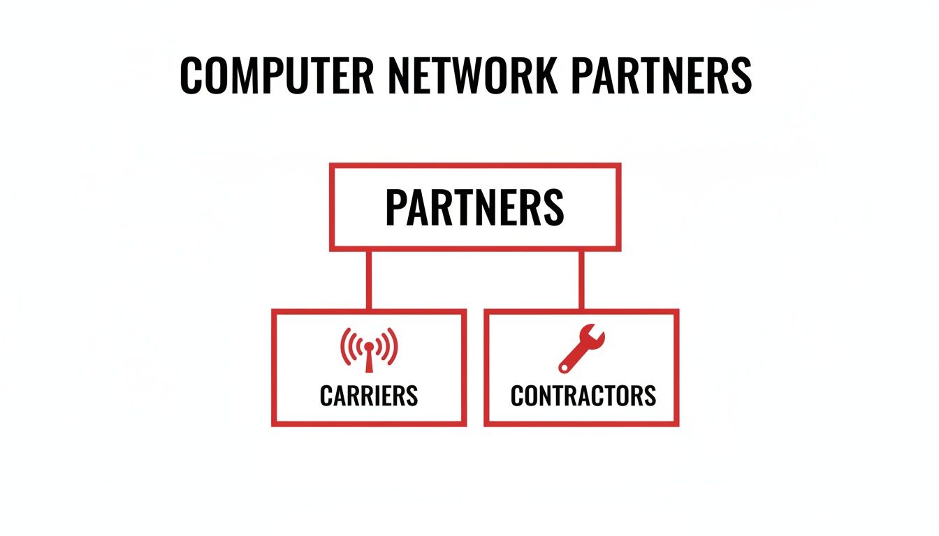 A diagram illustrating computer network partners, showing main partners branching into carriers and contractors.
