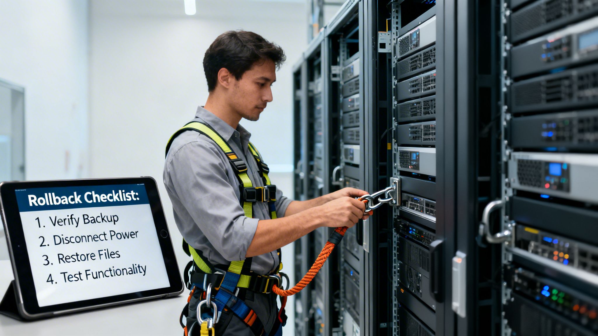 Man in safety harness working in a data center with a 'Rollback Checklist' on a tablet.