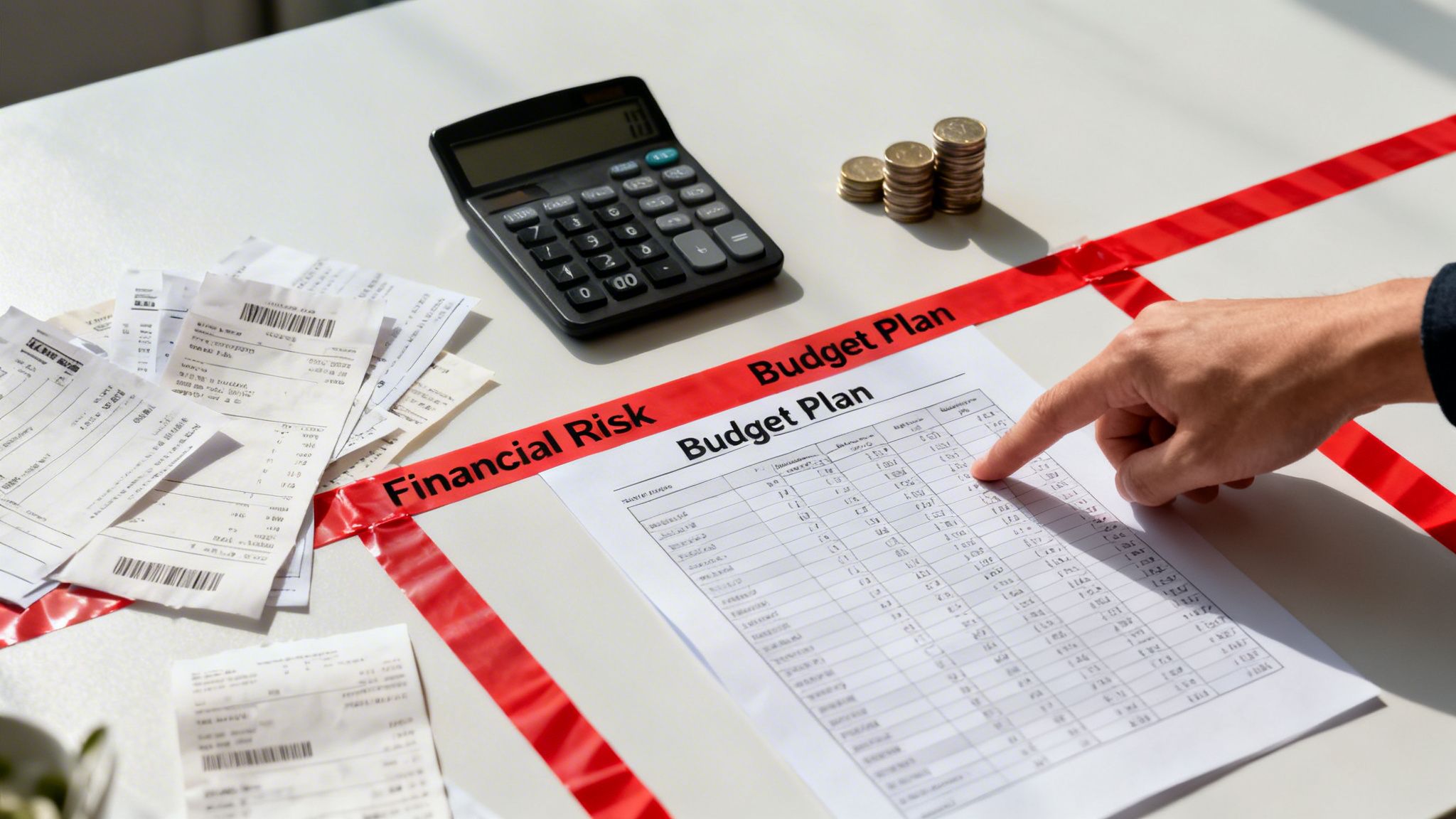 A hand points to a budget plan document, with receipts, a calculator, and coins nearby, on a desk marked 'Financial Risk'.