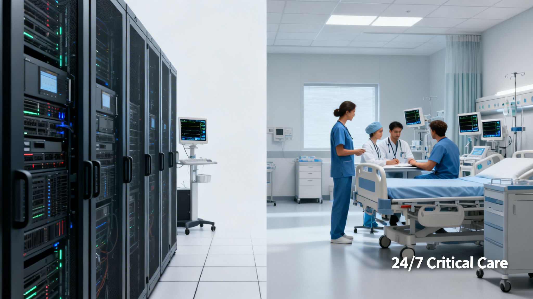 Image showing a data center and a critical care unit with medical staff, symbolizing healthcare technology.