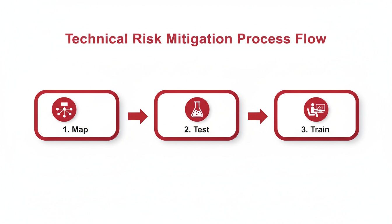 Flowchart showing the technical risk mitigation process: Map, Test, and Train steps with icons.