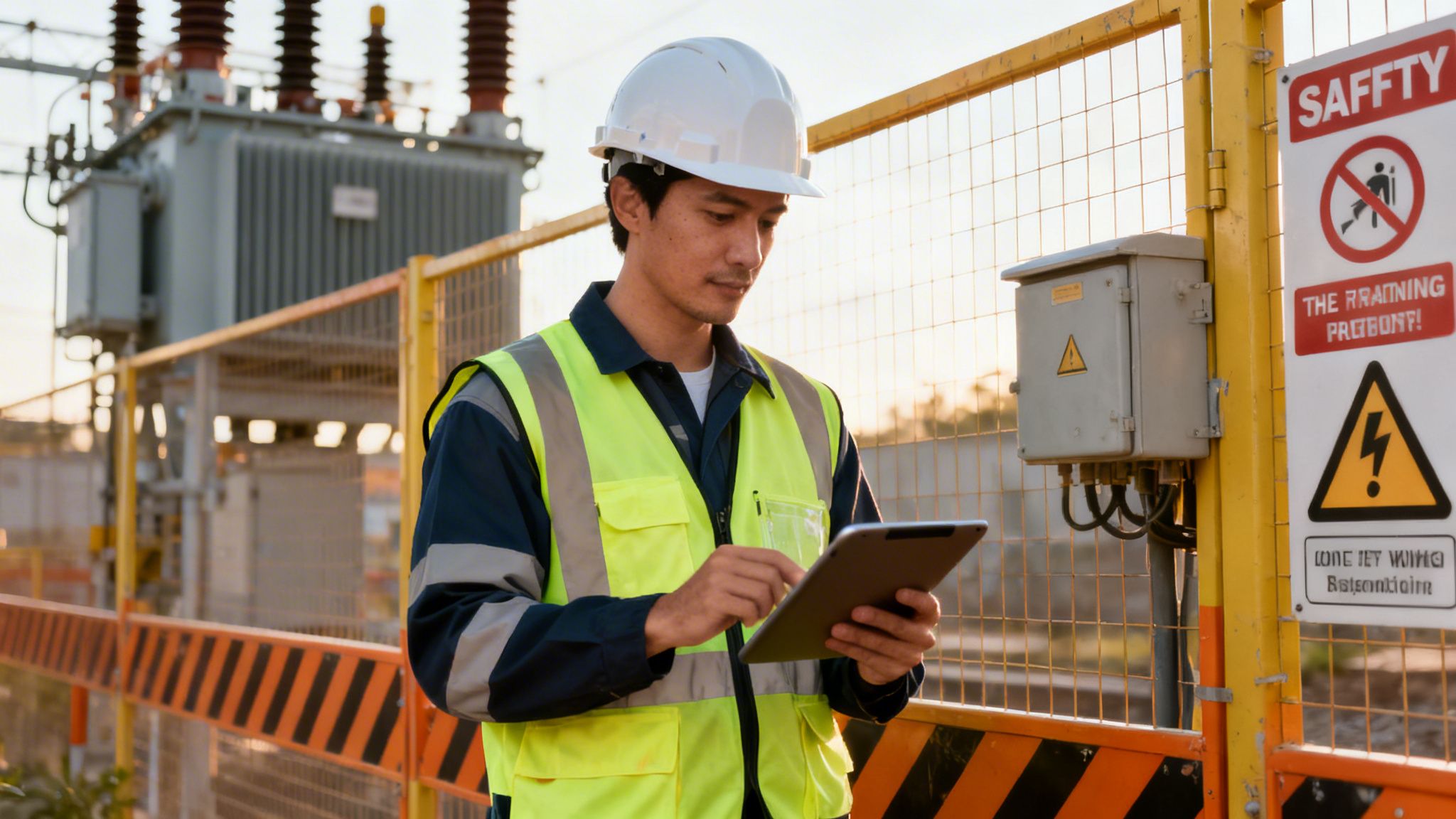An electrical engineer in a hard hat and safety vest uses a tablet at an outdoor substation.