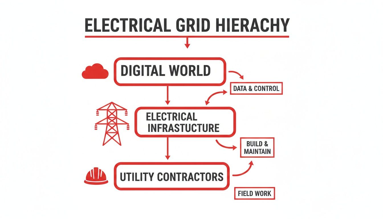 Diagram illustrating the electrical grid hierarchy from digital world and control to utility contractors and field work.