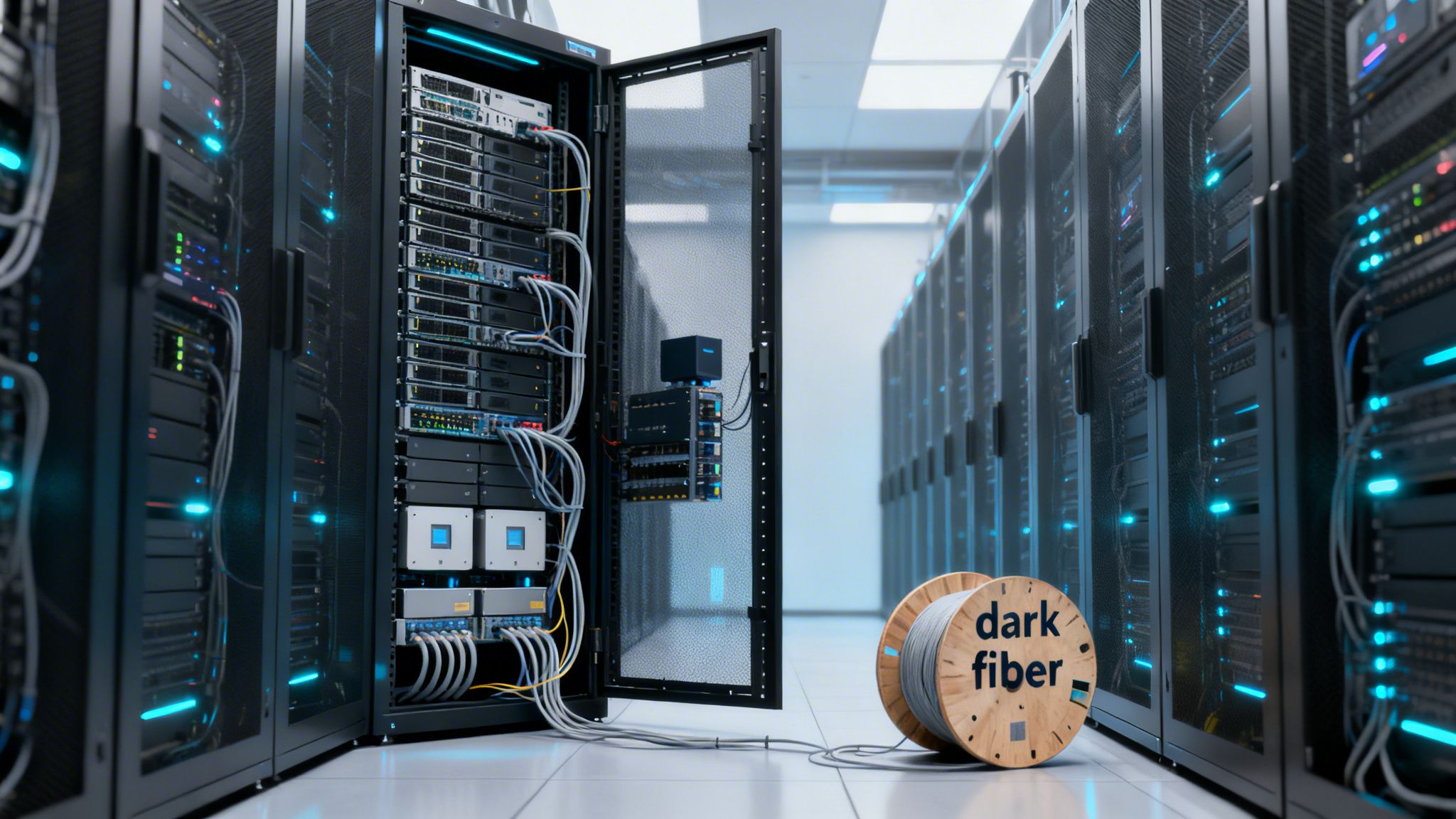 A data center with rows of server racks, an open rack revealing network cables, and a spool of dark fiber on the floor.