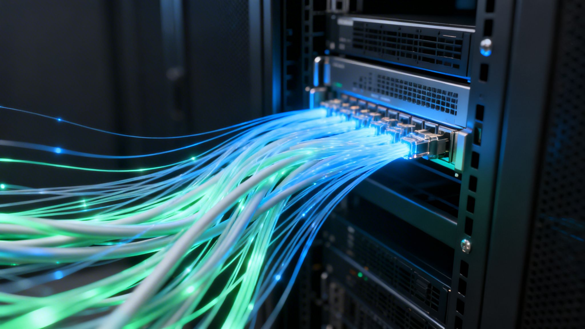Bright blue and green fiber optic cables connected to network equipment in a data center.