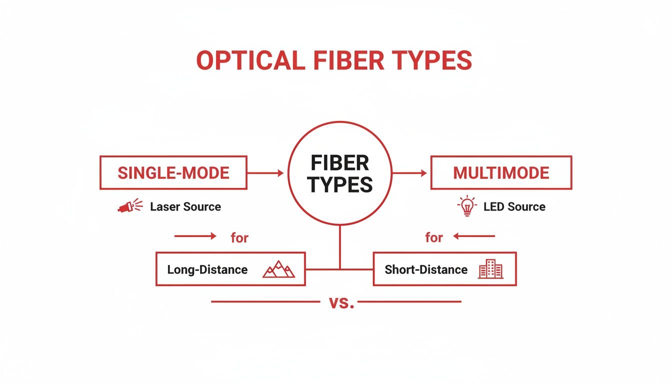 Diagram comparing Single-Mode and Multimode optical fiber types, highlighting their light sources and applications.