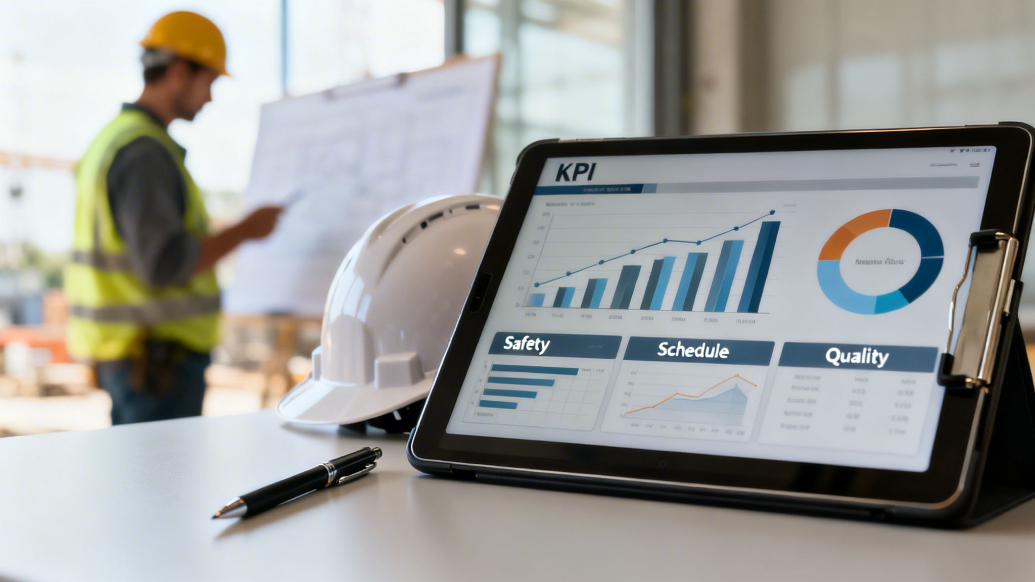 A tablet displays a construction KPI dashboard for safety, schedule, and quality, with a worker at a construction site.