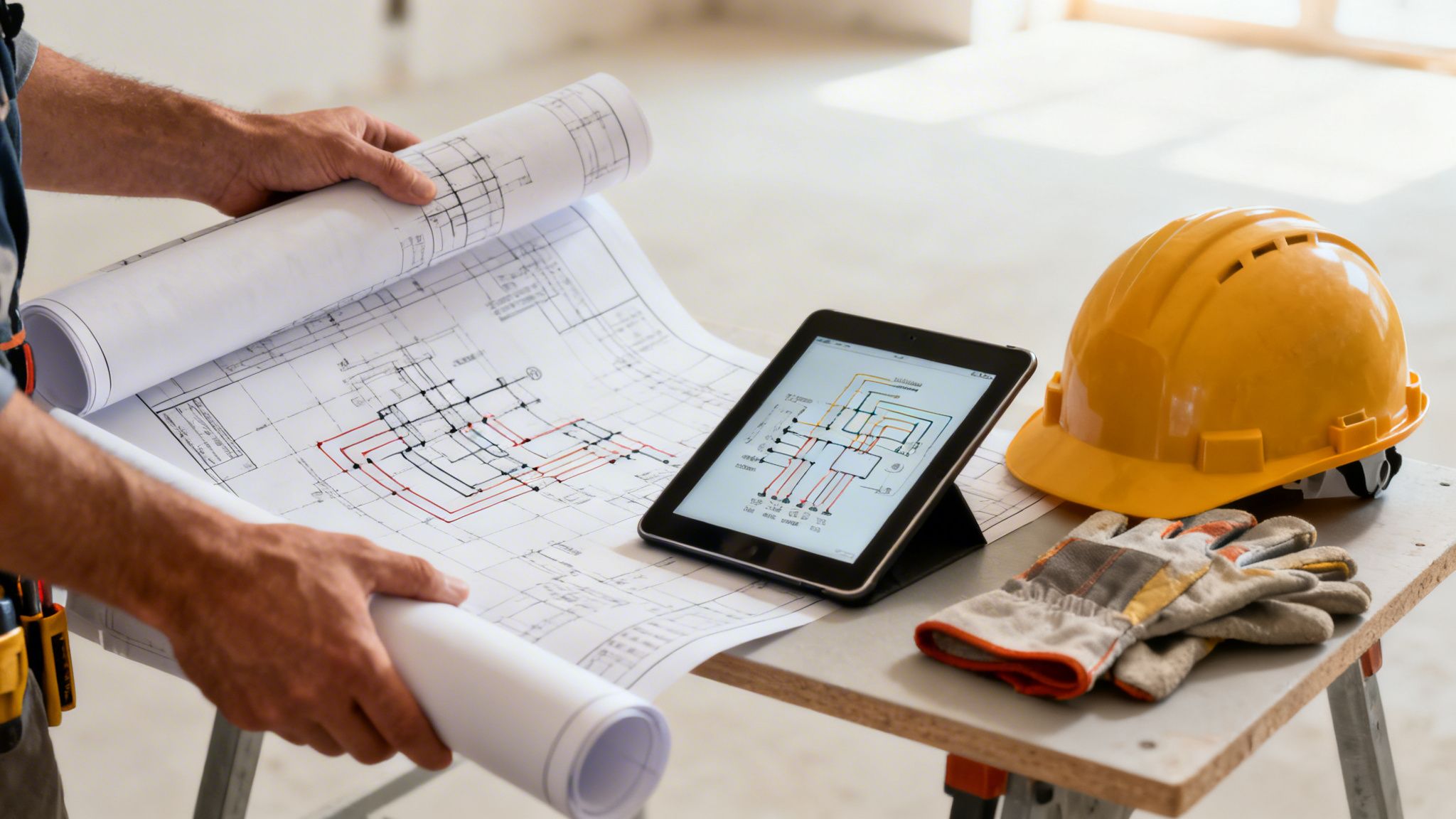 A construction worker reviews blueprints on a workbench, with a tablet, hard hat, and gloves.