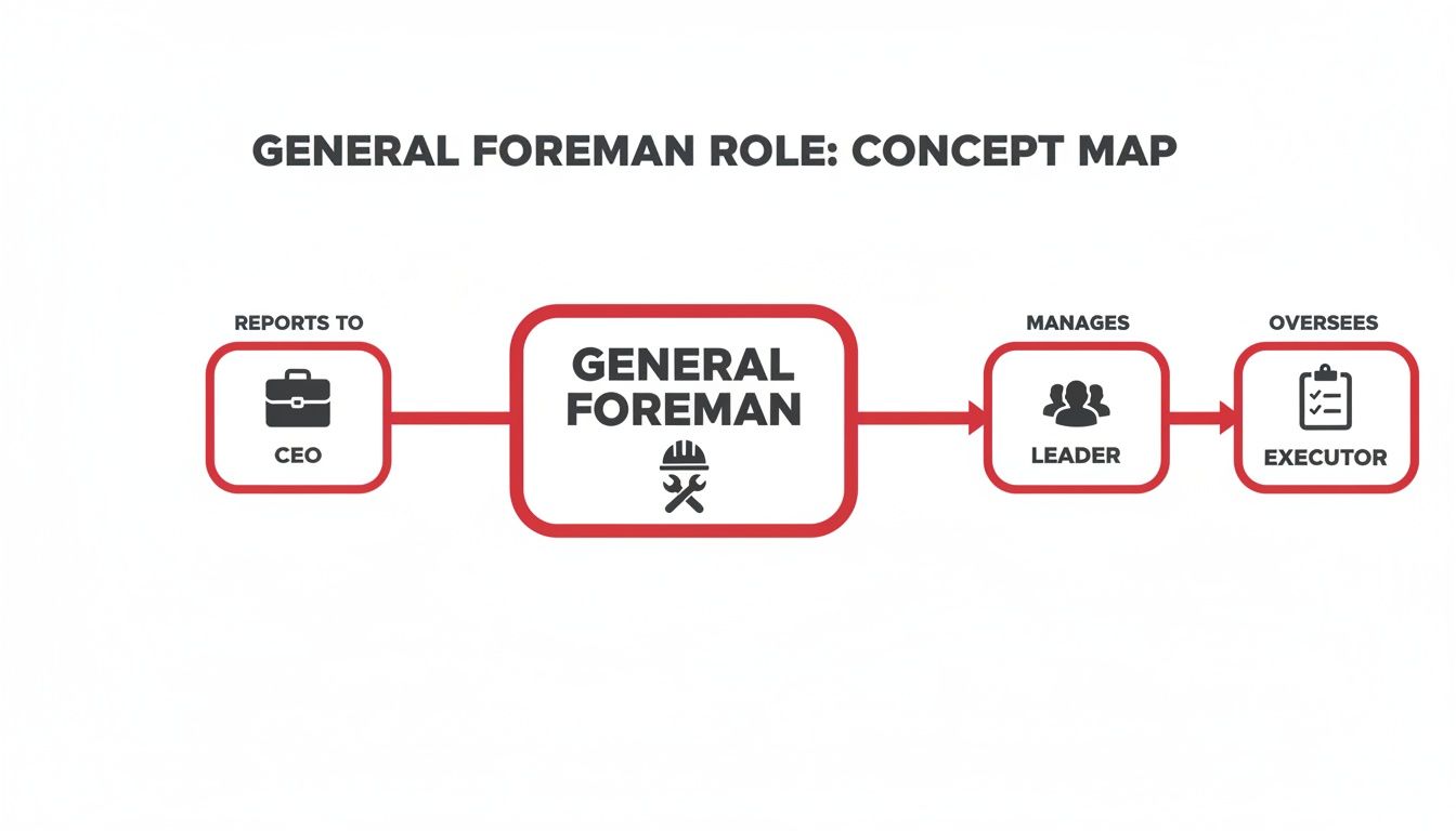 A concept map showing the General Foreman role, reporting to CEO, managing leaders, and overseeing executors.