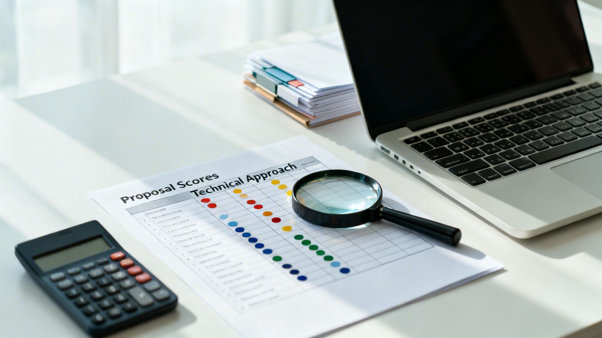 A close-up of a desk with a proposal scores document, calculator, magnifying glass, and laptop.
