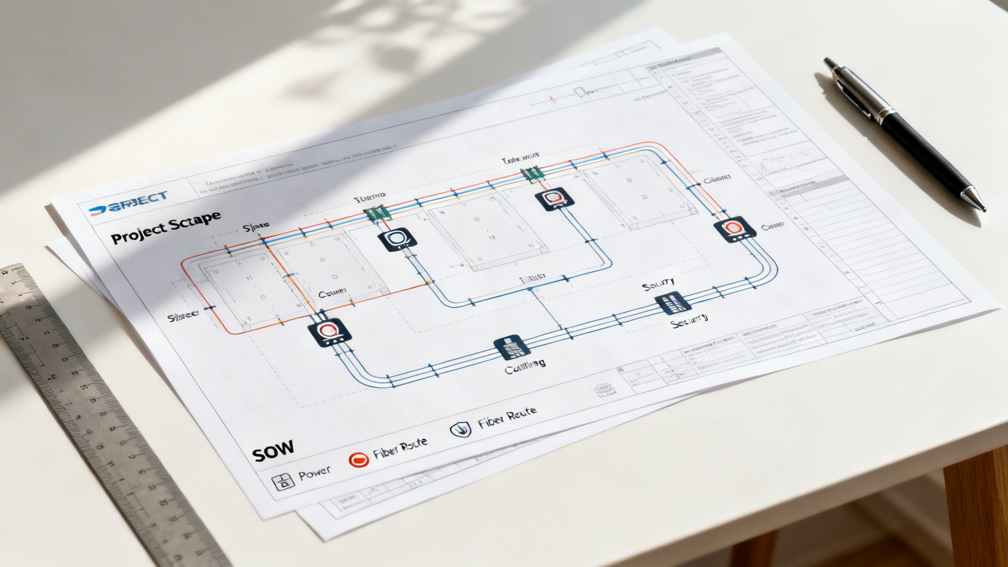 A detailed infrastructure project blueprint titled 'Project Scape' and 'SOW' on a white desk with a pen and ruler.