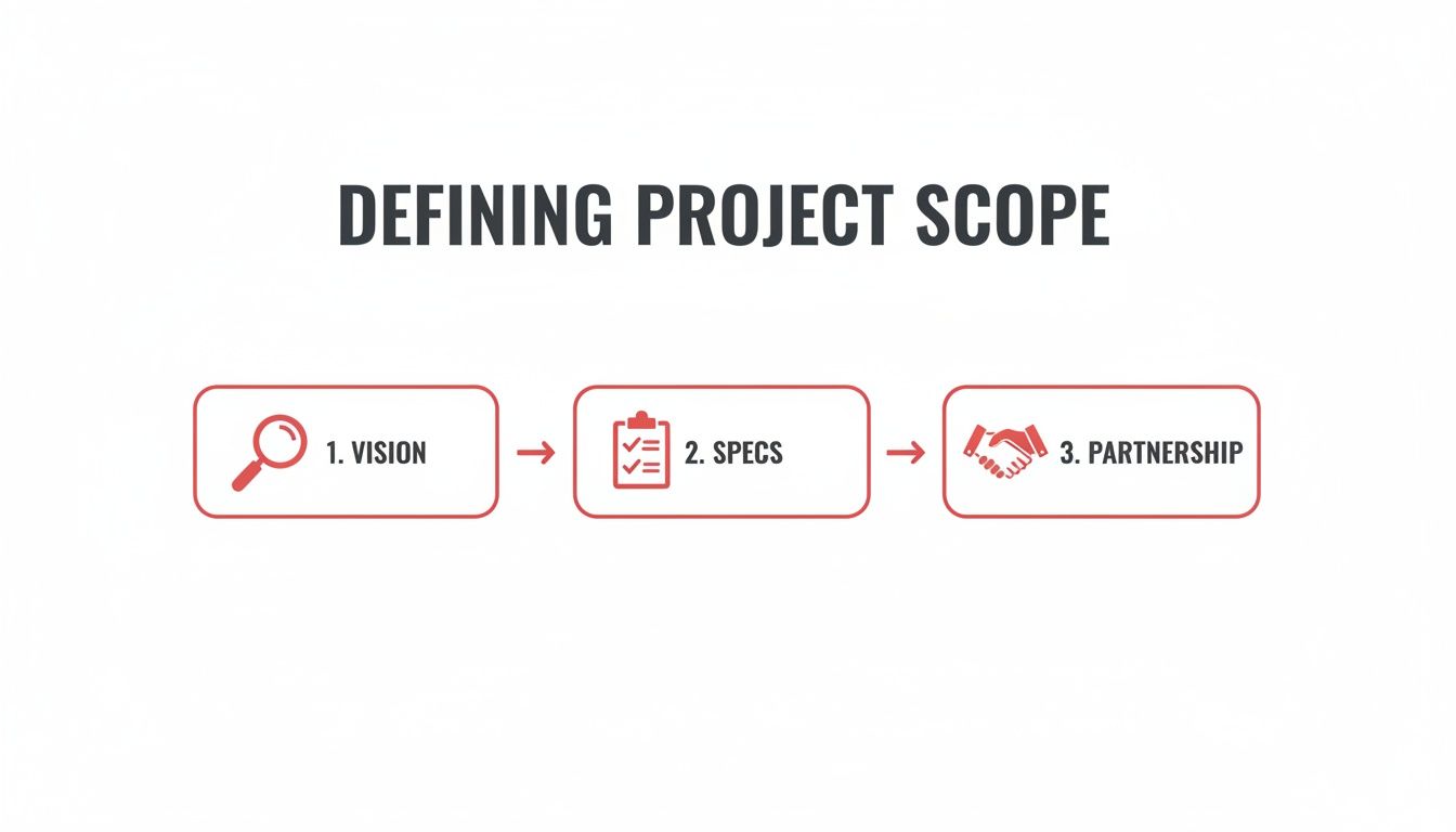 A flowchart titled 'Defining Project Scope' illustrating the three key steps: Vision, Specs, and Partnership.