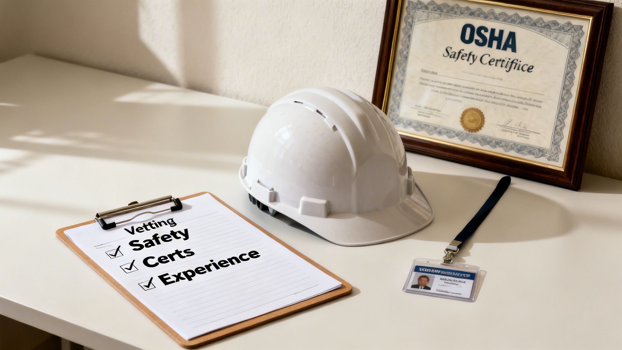 Construction worker's desk essentials: hard hat, OSHA certificate, and safety vetting checklist.