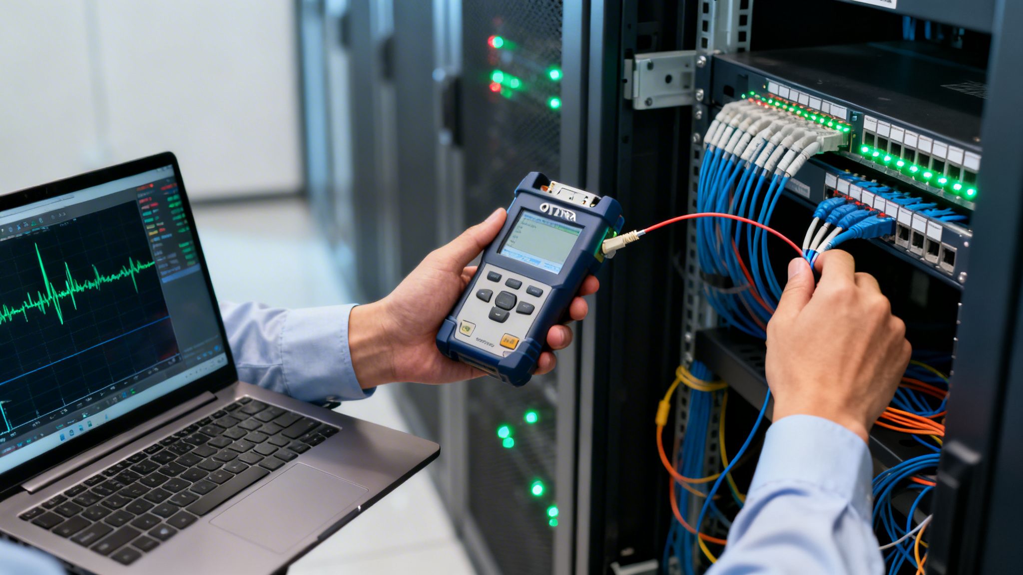 Engineer testing fiber optic network cables with an OTDR and laptop in a data center.