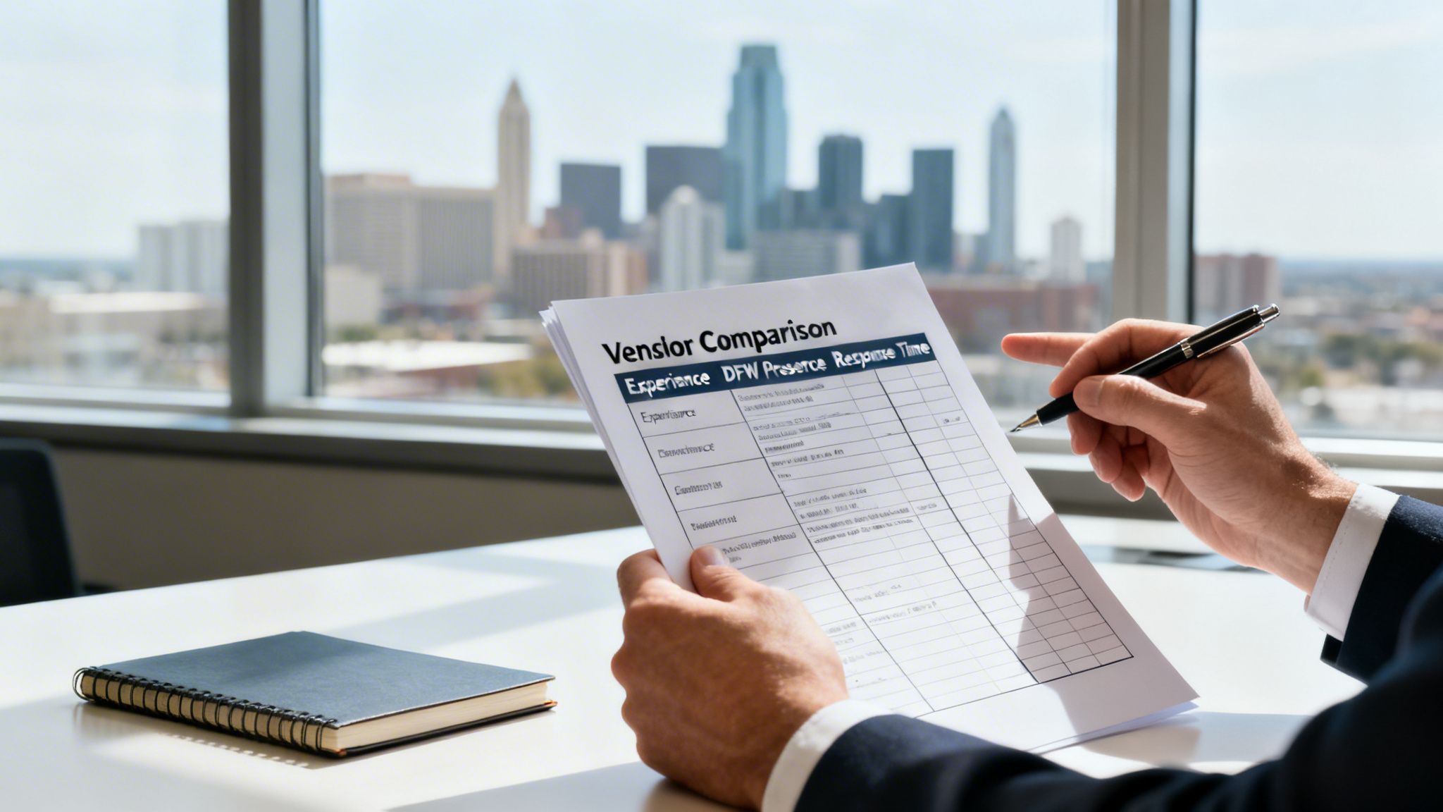 A person reviews a 'Venslor Comparison' document with 'DFW Presence' column, overlooking a cityscape.