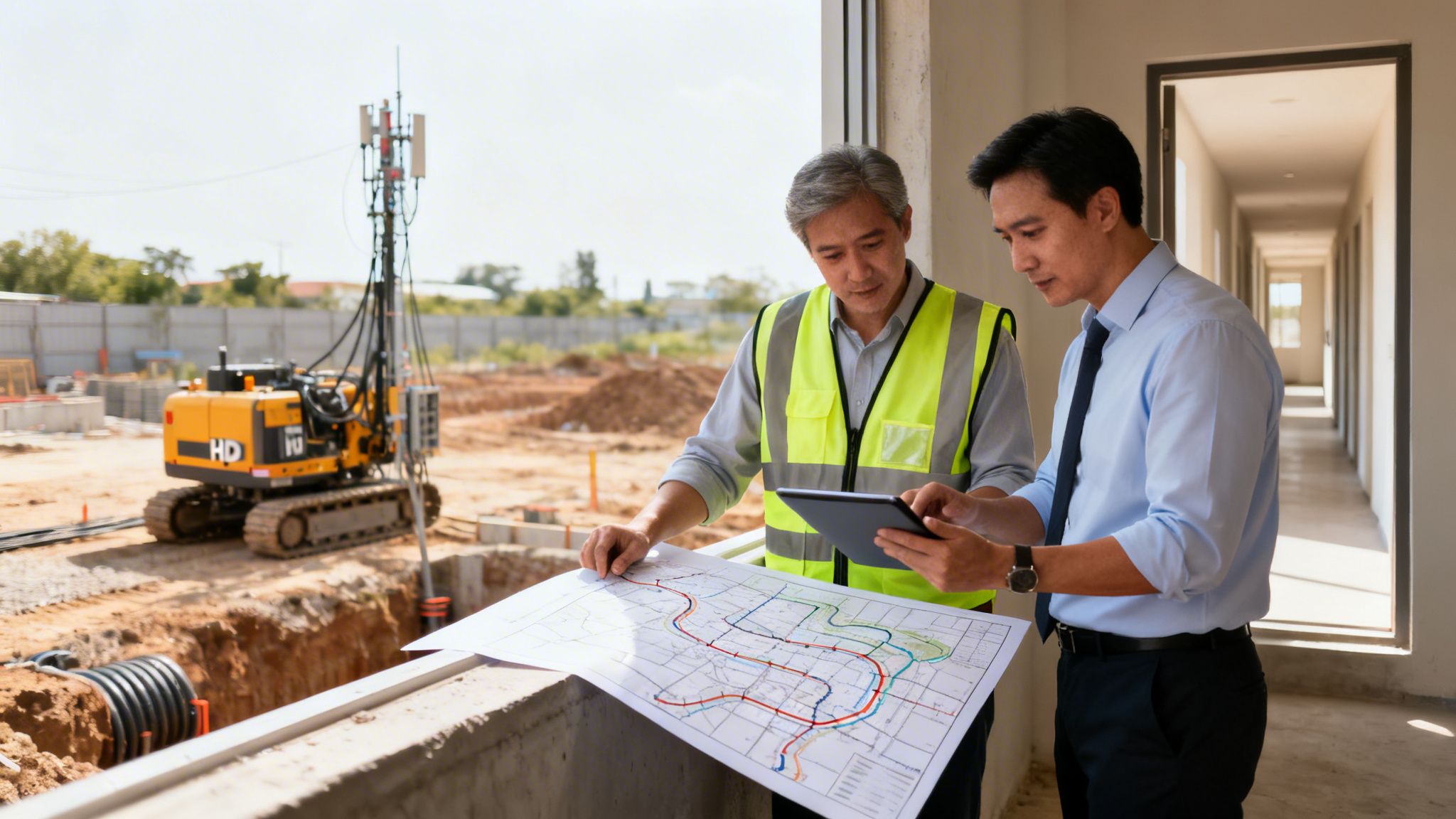 Two engineers review construction plans on a tablet and paper at an active pipeline site.