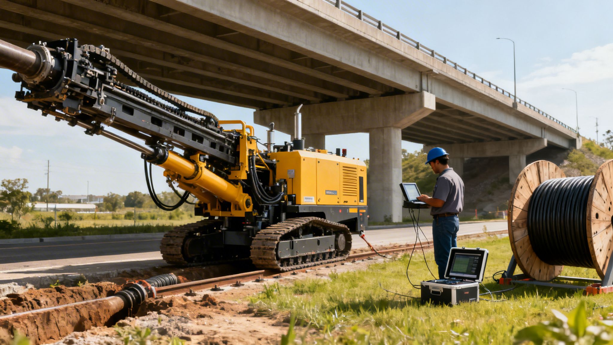 Yellow directional drilling machine installing pipeline under bridge, with a worker monitoring equipment.