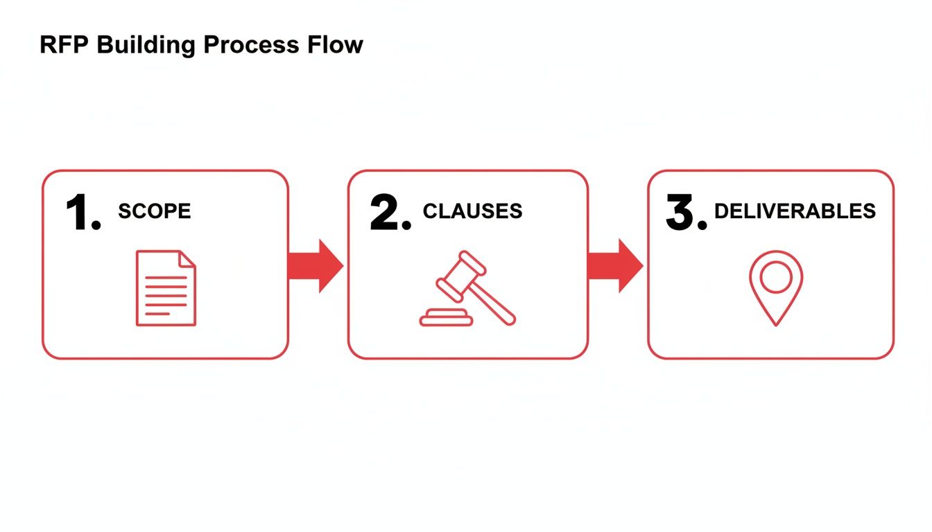 RFP Building Process Flow illustrating three steps: Scope, Clauses, and Deliverables, connected by arrows.