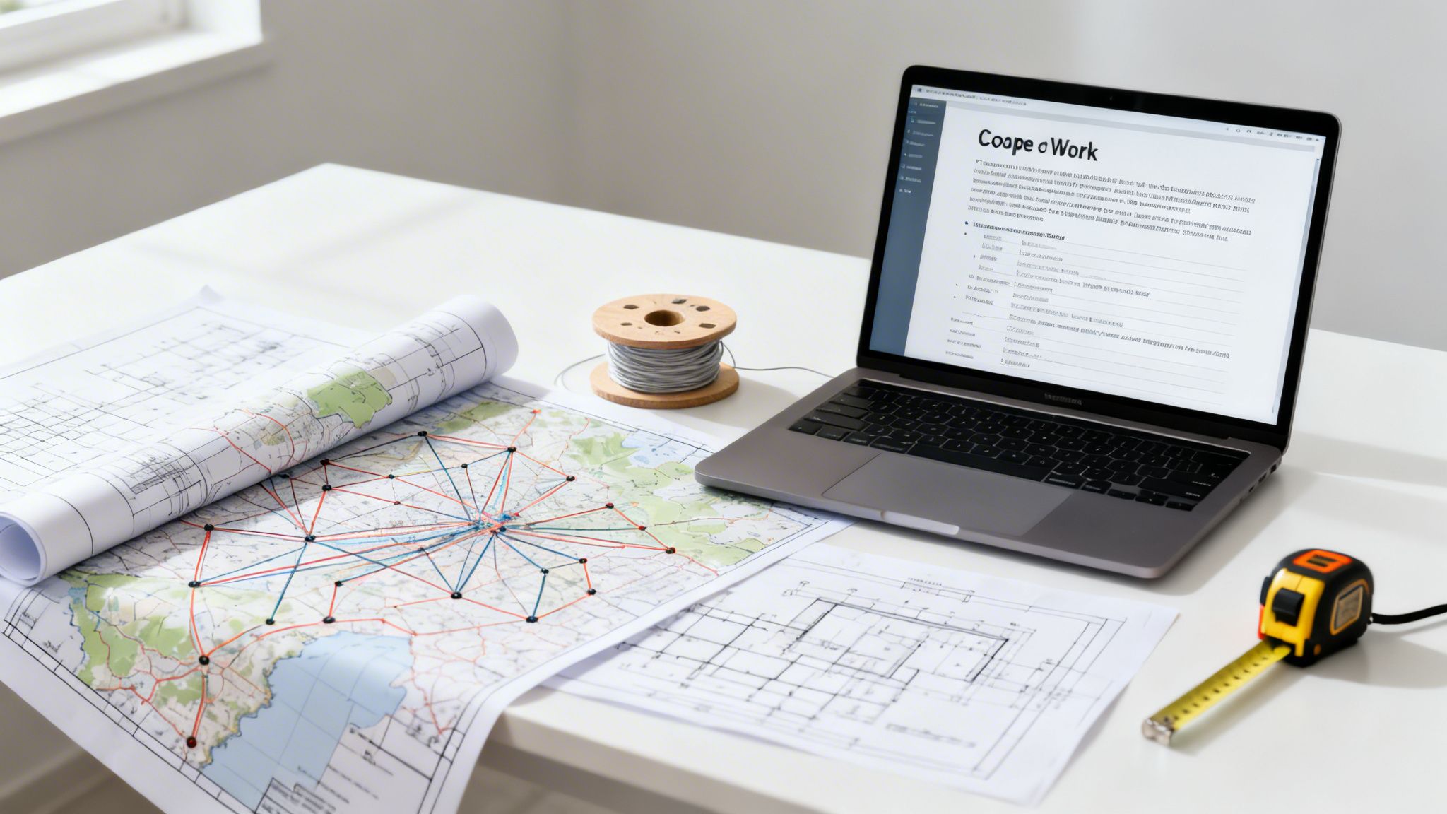A bright workspace with engineering blueprints, a detailed map, a laptop, and a measuring tape.