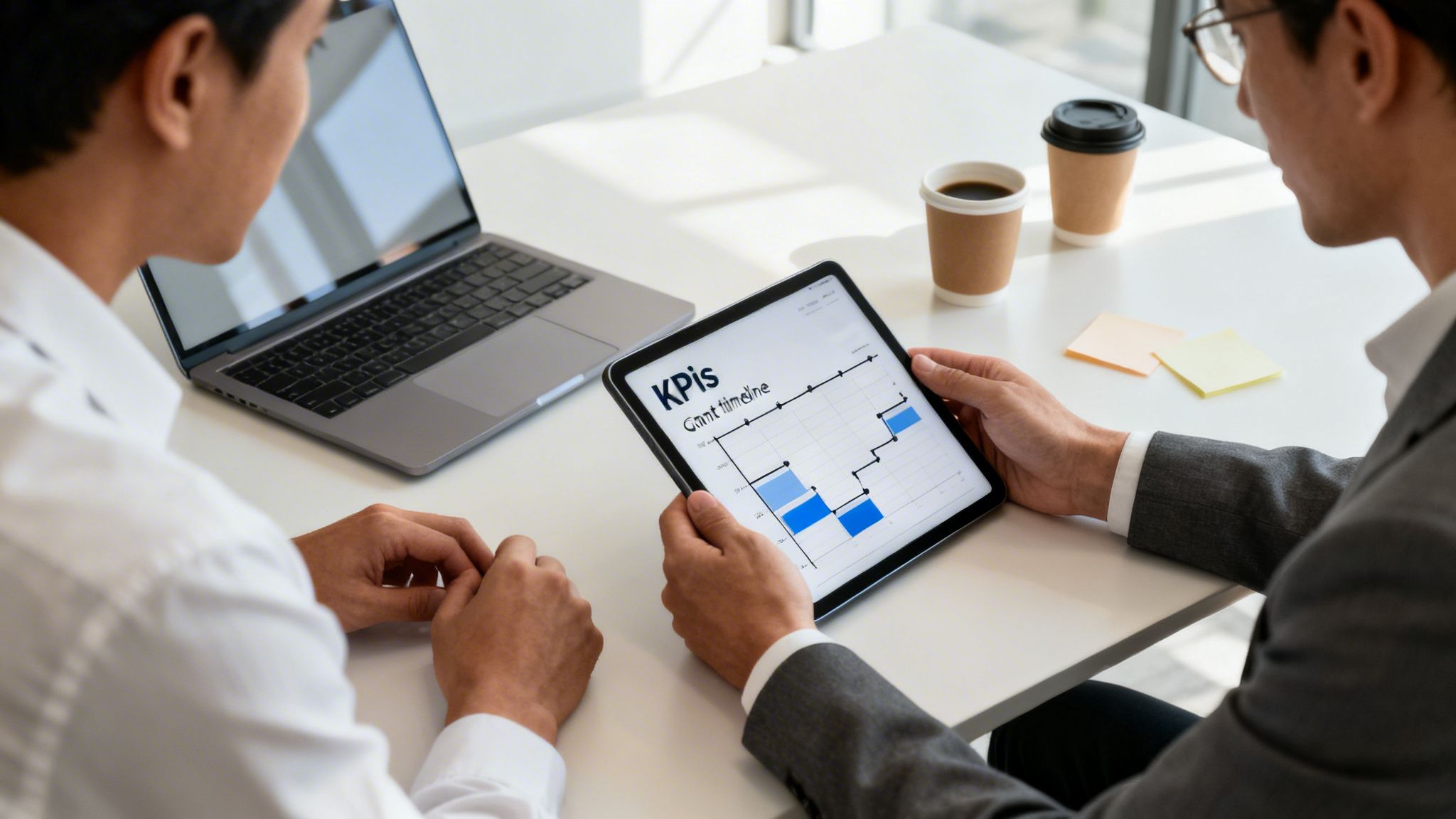 Two male colleagues review a KPIs Gantt timeline chart on a tablet in a modern office.