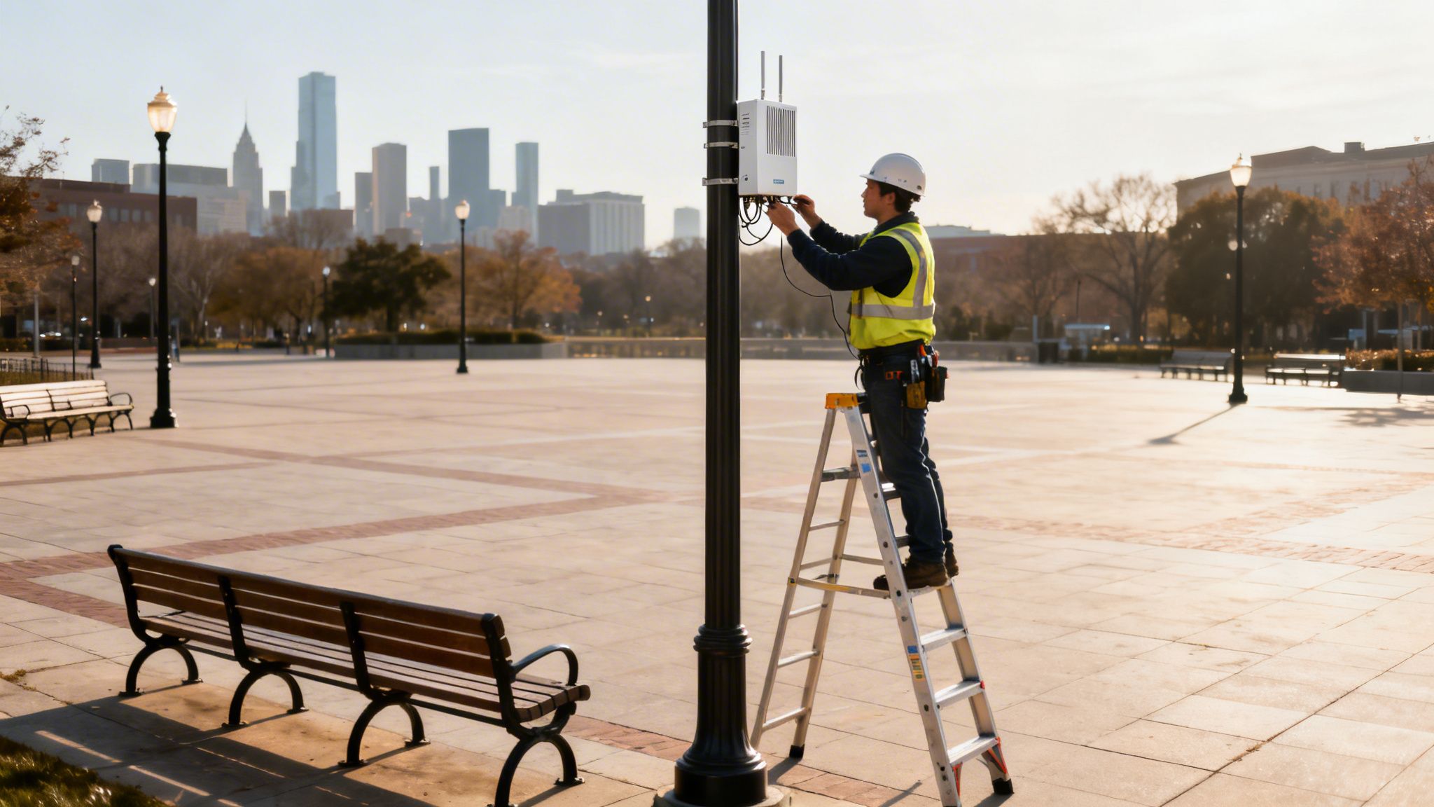 Man on a ladder installing telecom equipment on a lamppost in an urban plaza.