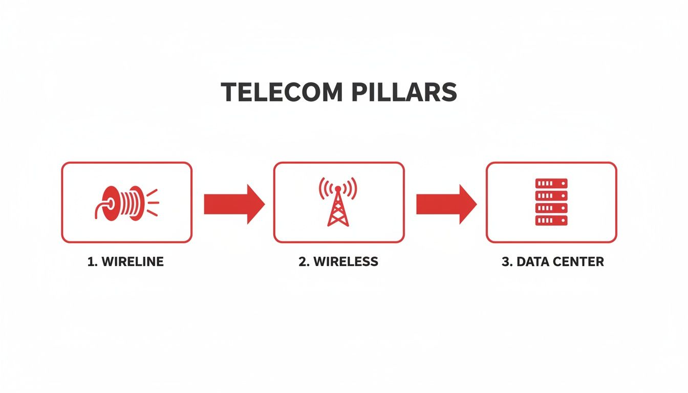 An infographic illustrating the three main telecom pillars: wireline, wireless, and data center infrastructure.