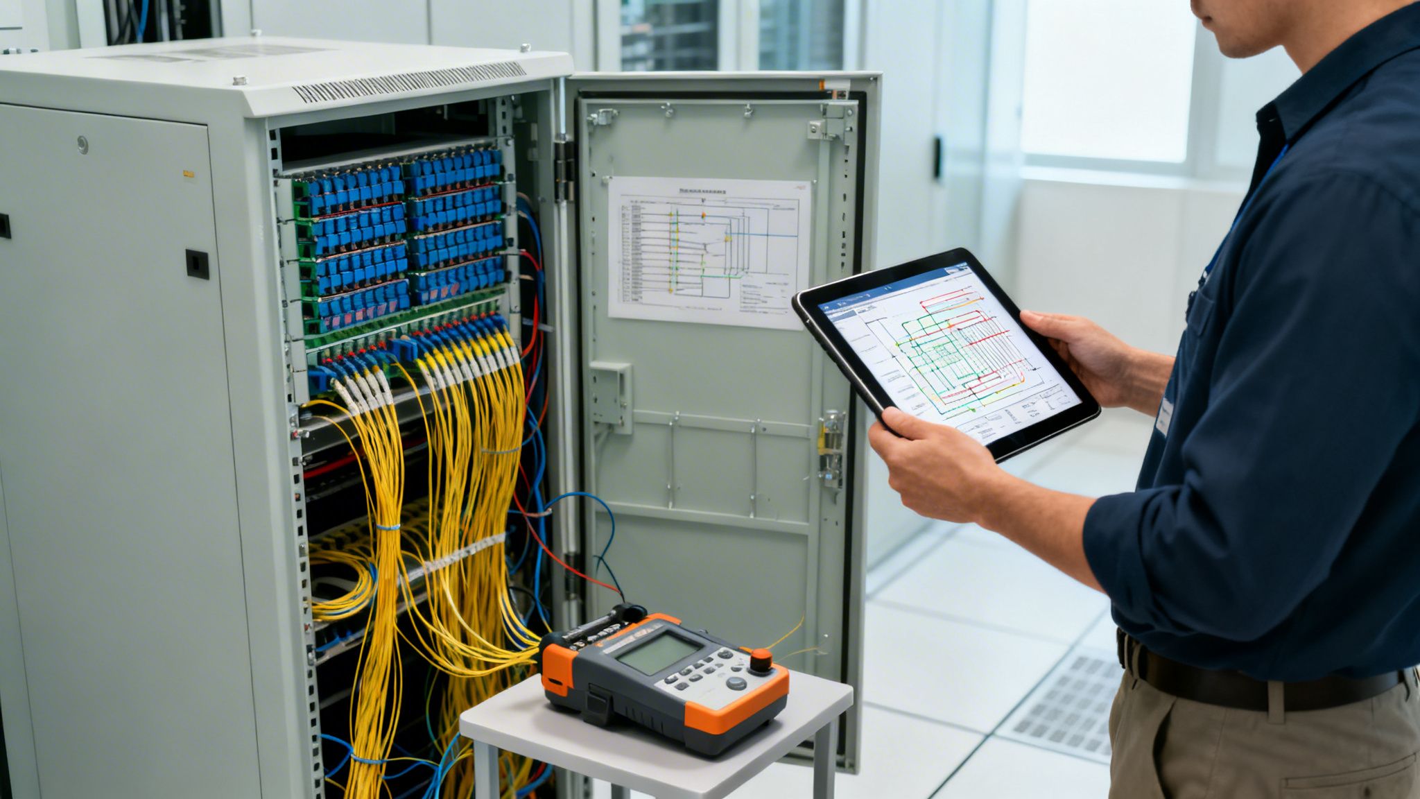 A network engineer reviews a diagram on a tablet next to an open server rack with fiber optic cables.