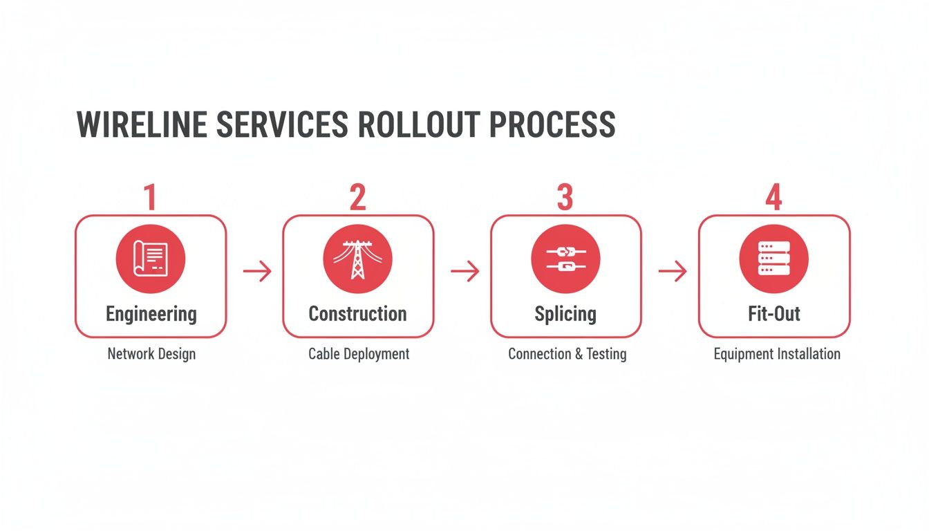 Diagram illustrating the four-step wireline services rollout process: engineering, construction, splicing, and fit-out.