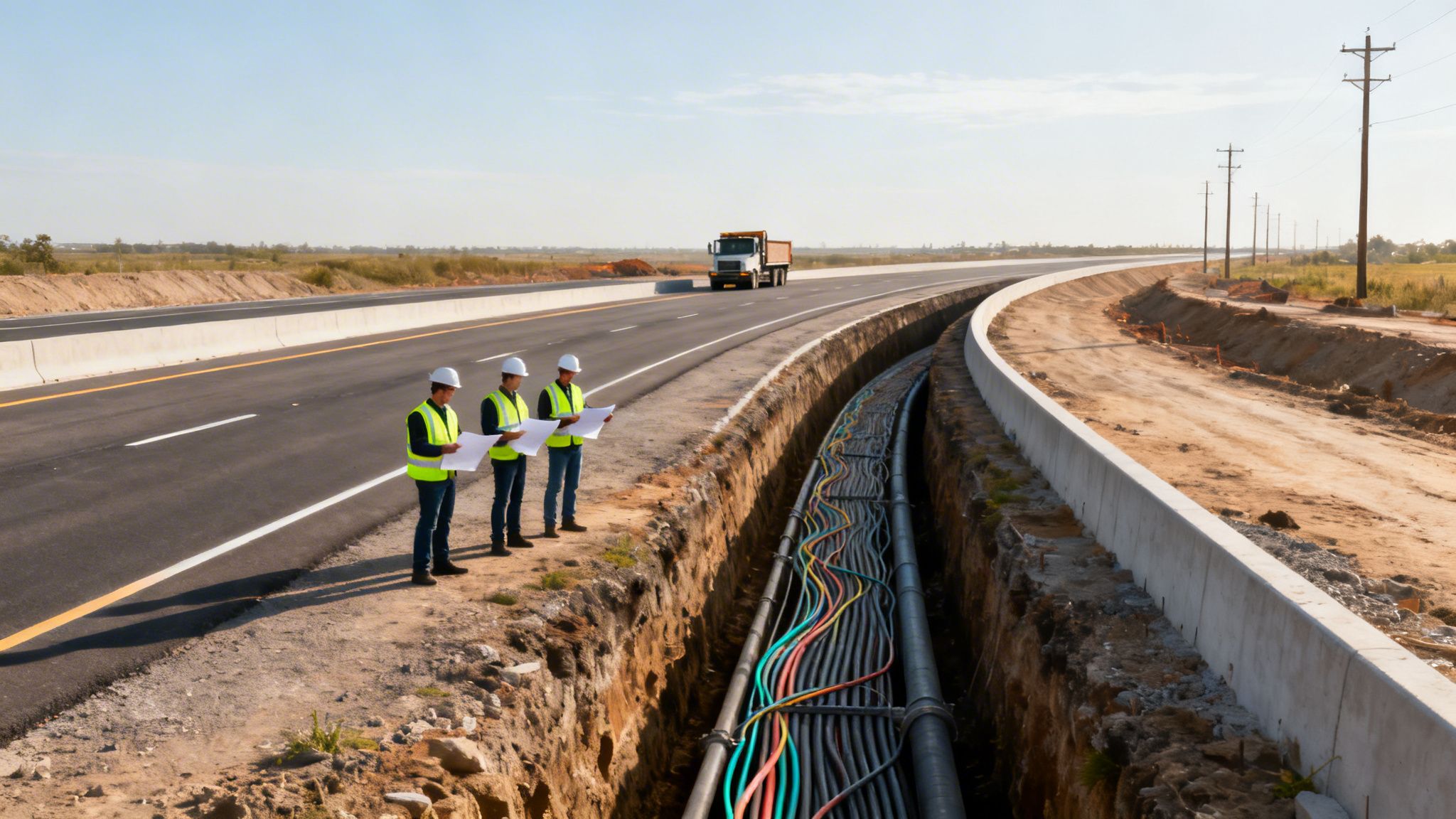 Construction workers review blueprints beside a new highway and a trench with exposed utility cables.