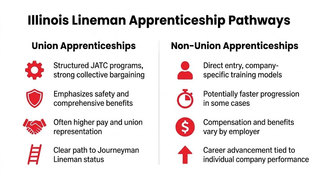 A comparison chart outlining the differences between union and non-union lineman apprenticeship pathways in Illinois.