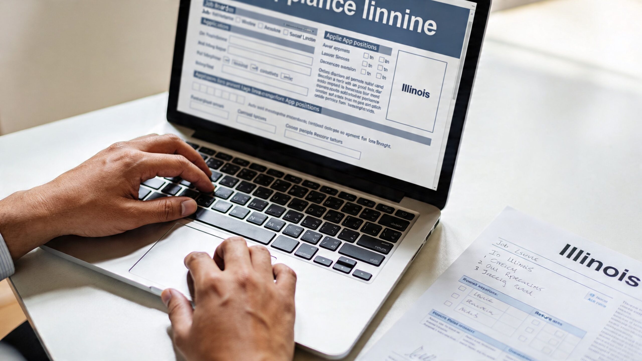 A person applying for apprentice lineman jobs in Illinois using a laptop computer at a desk.