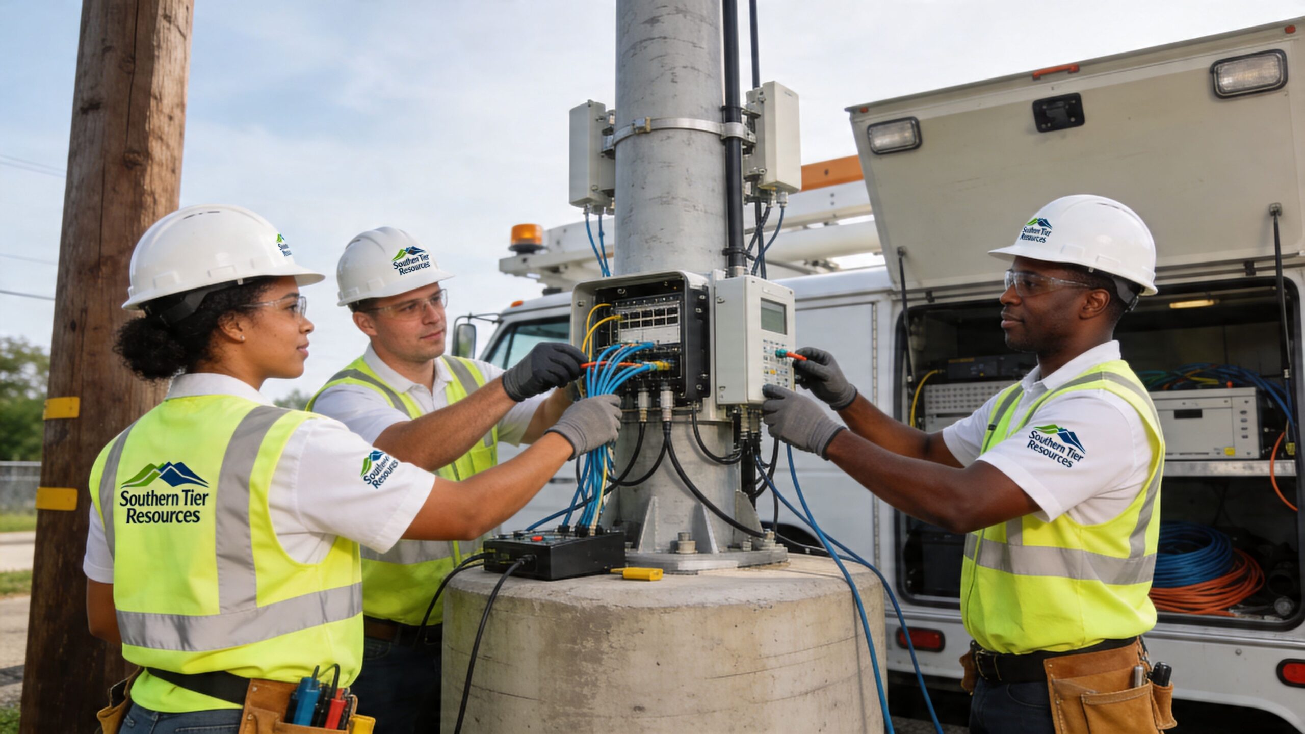 Three professional utility technicians working together to repair electrical and network equipment on a utility pole.