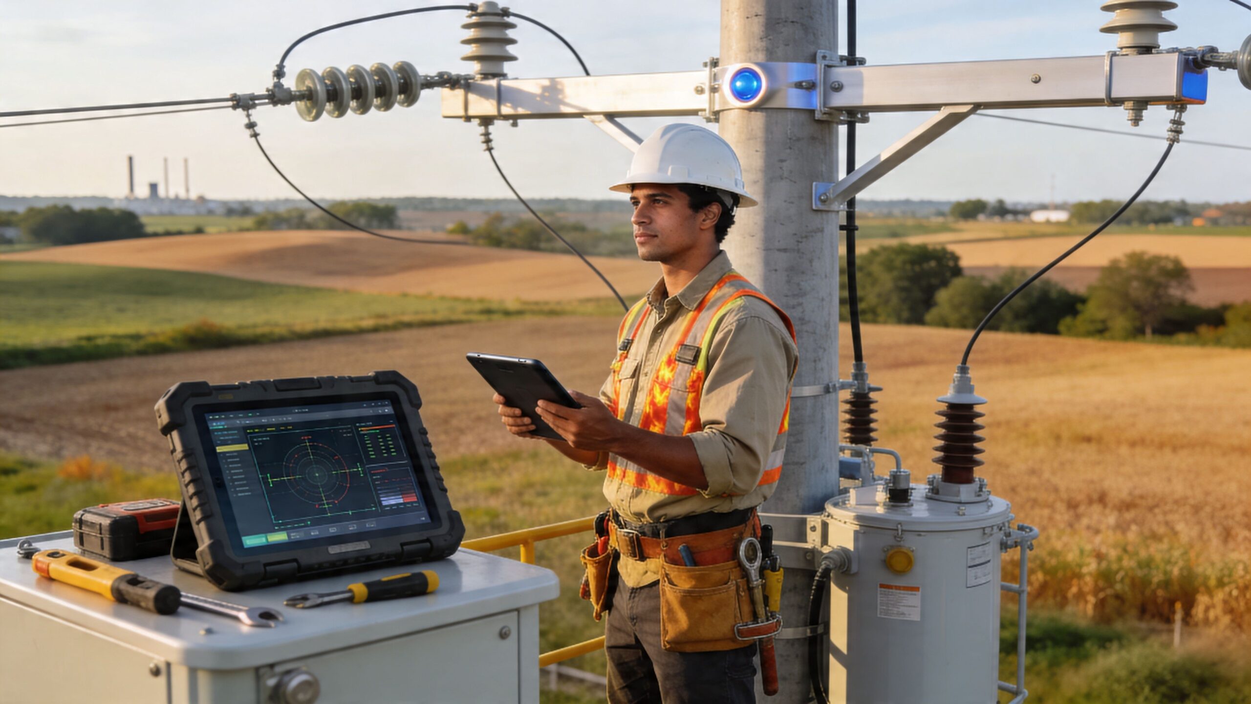 A young apprentice lineman wearing a hard hat and safety vest checks data on a tablet outdoors.