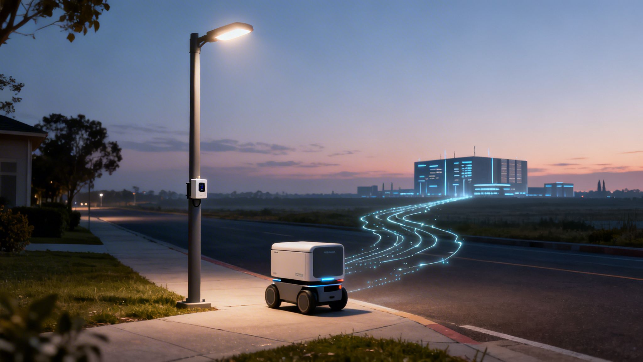 Autonomous delivery robot connecting to a futuristic data center via glowing data lines at dusk.