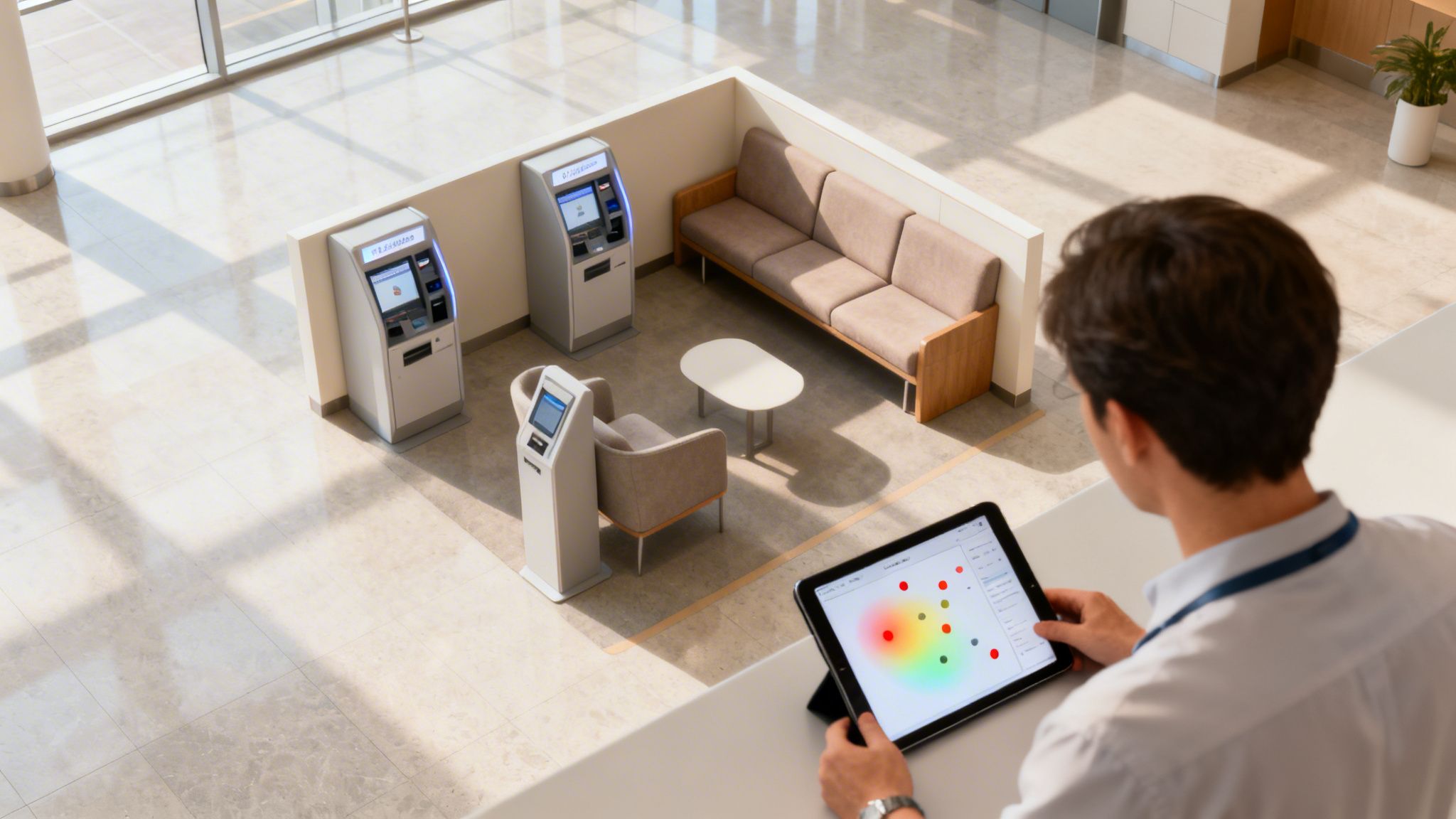 Overhead view of a person using a tablet to optimize a waiting area with kiosks and seating.