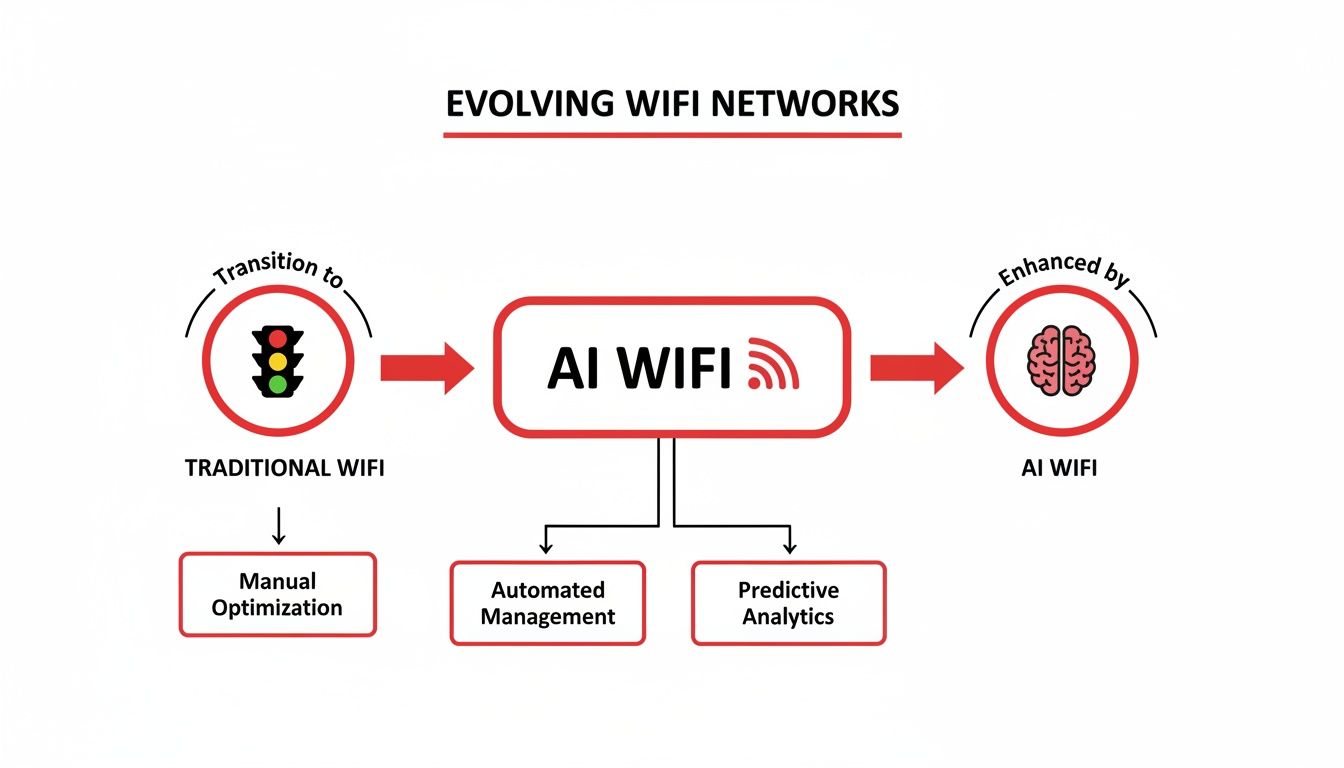 Diagram illustrating the evolution from Traditional WiFi with manual optimization to AI WiFi, featuring automated management and predictive analytics.